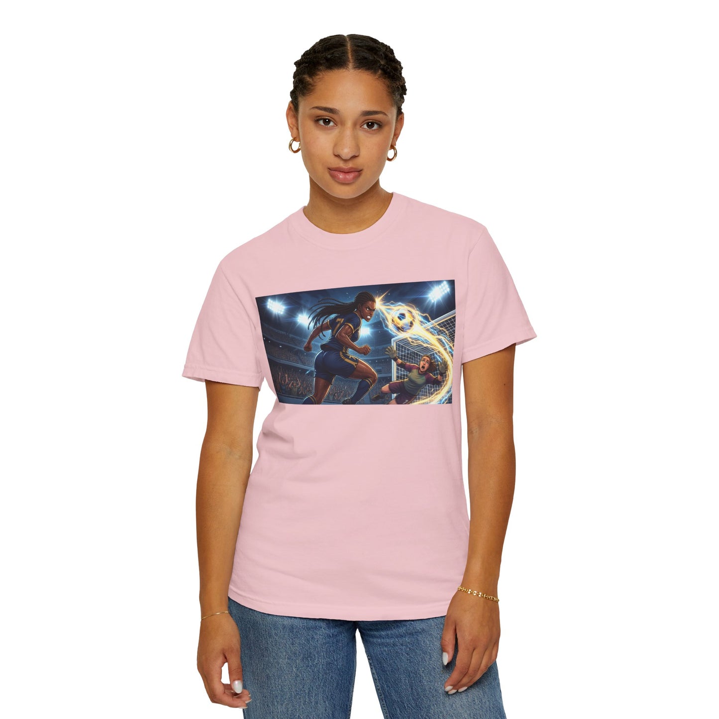 Soccer Duel Graphic T-Shirt — Futuristic Goalkeeper vs Striker Stadium Print