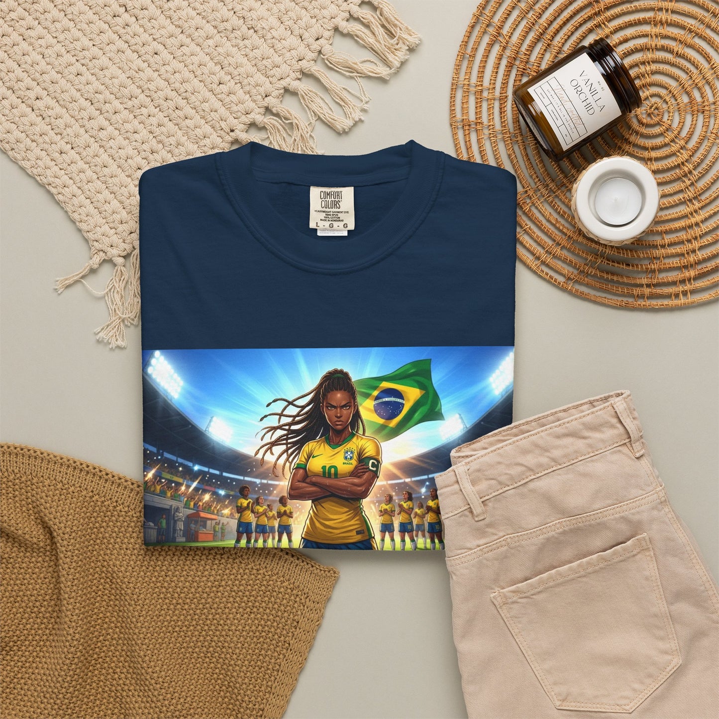 Brazil Soccer Captain T-Shirt — Player Holding Ball with Brazilian Flag Stadium Graphic