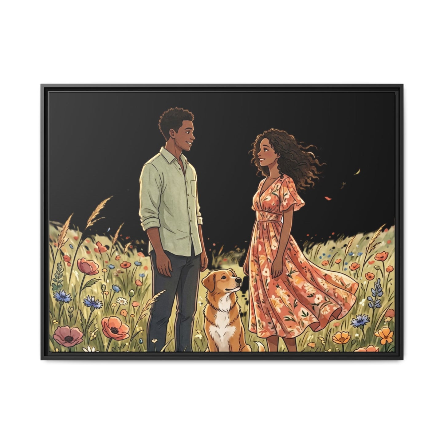 Framed Matte Canvas Print — Romantic Couple in Wildflower Field (Multi‑Color)