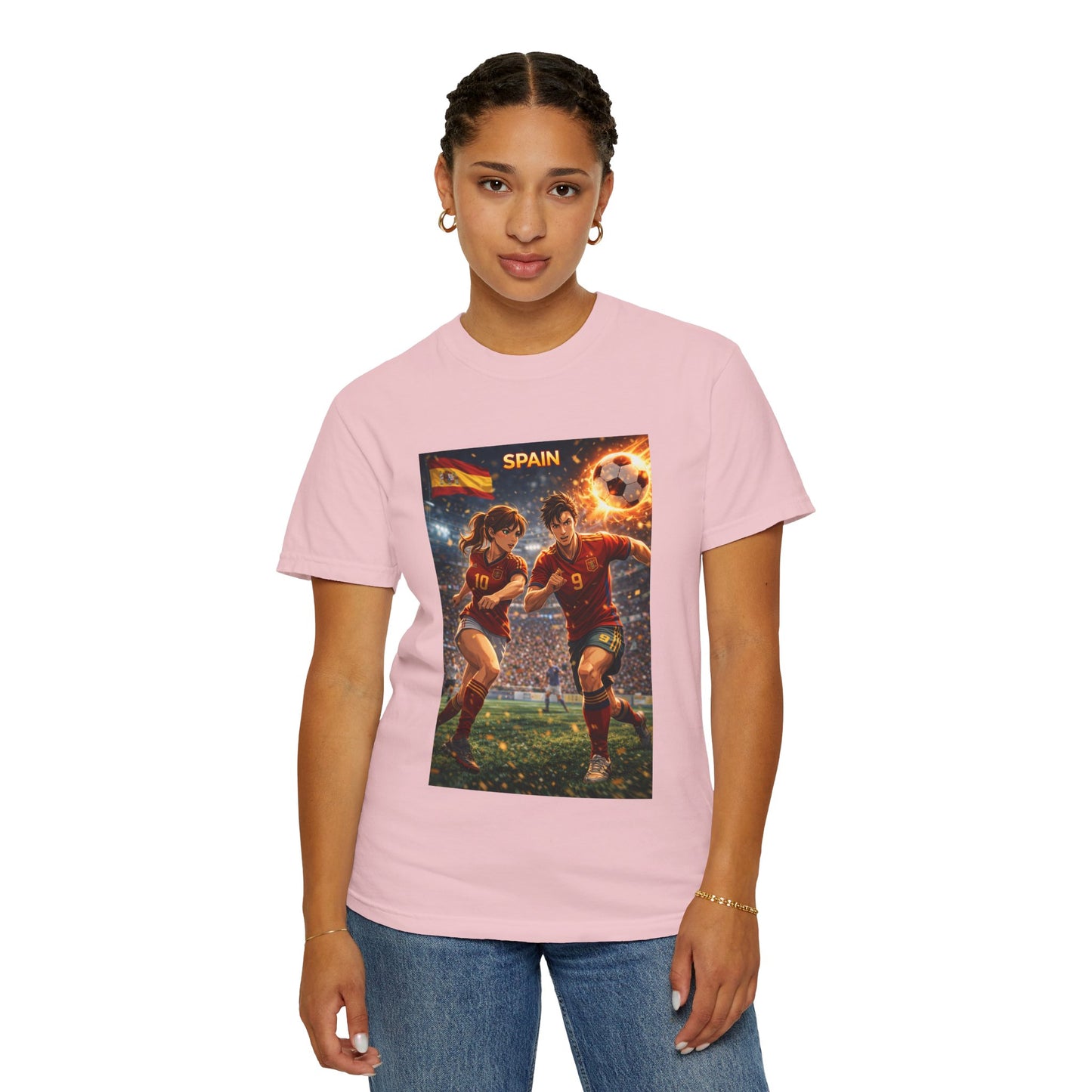 Spain Soccer Graphic T-Shirt — Retro Match Scene with Flag