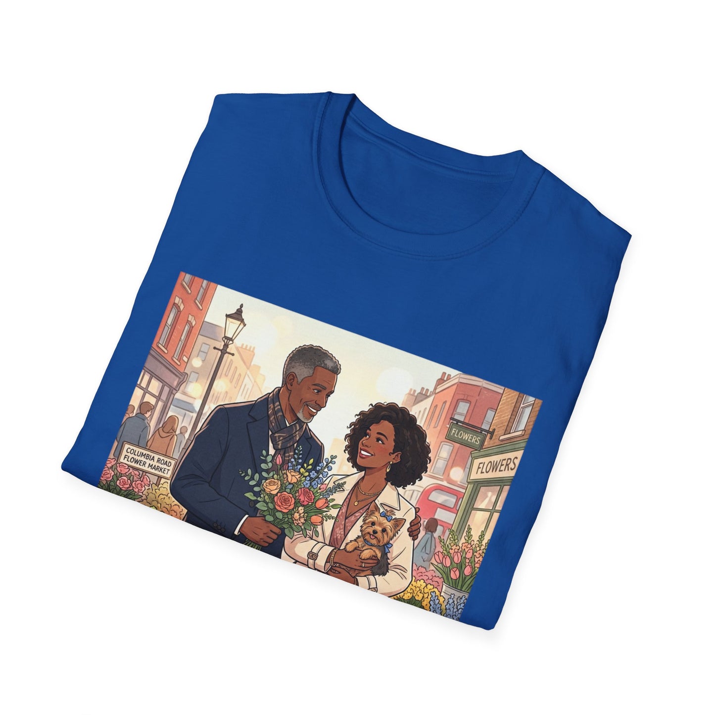 Romantic City Stroll T-Shirt — Couple Bouquet Illustration