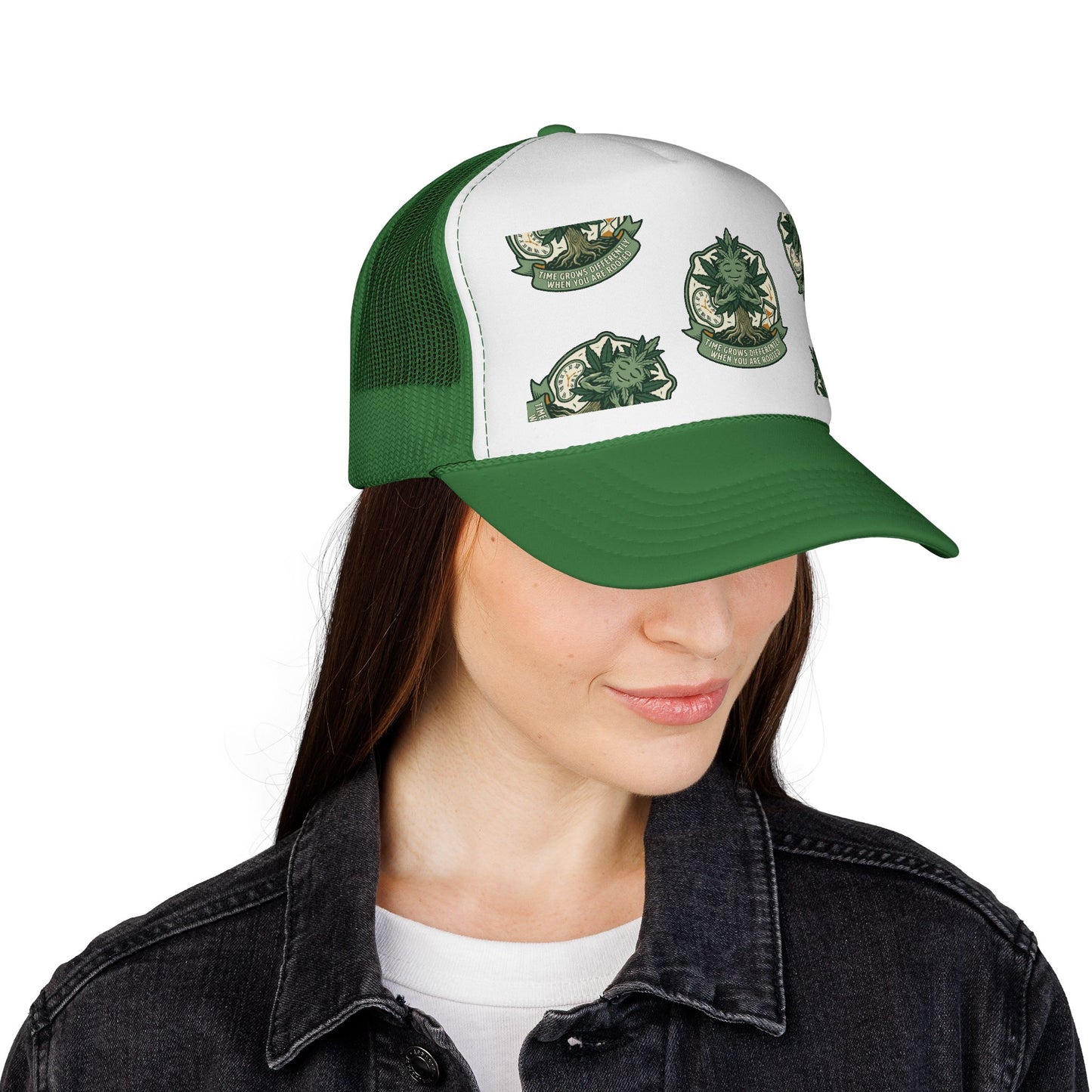 Trucker Cap — Green Botanical Crest Pattern