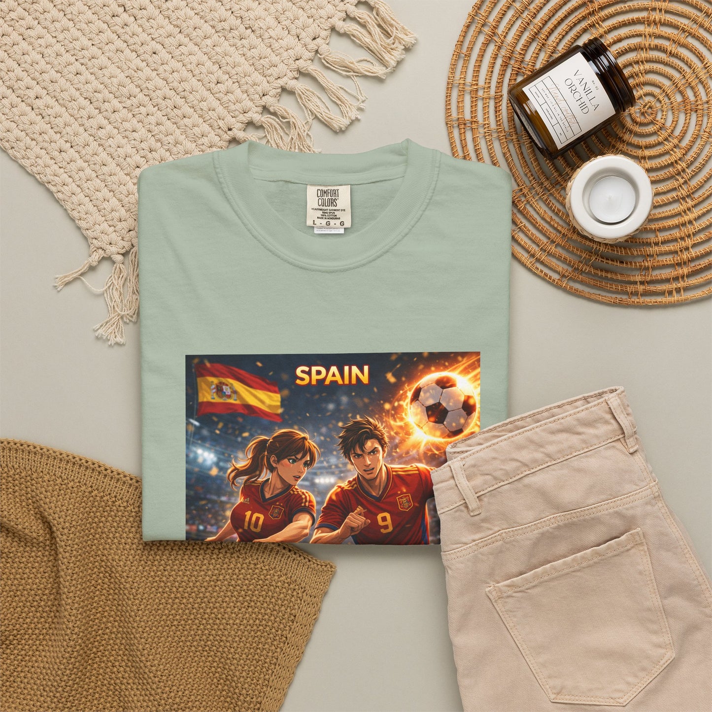 Spain Soccer Graphic T-Shirt — Retro Match Scene with Flag