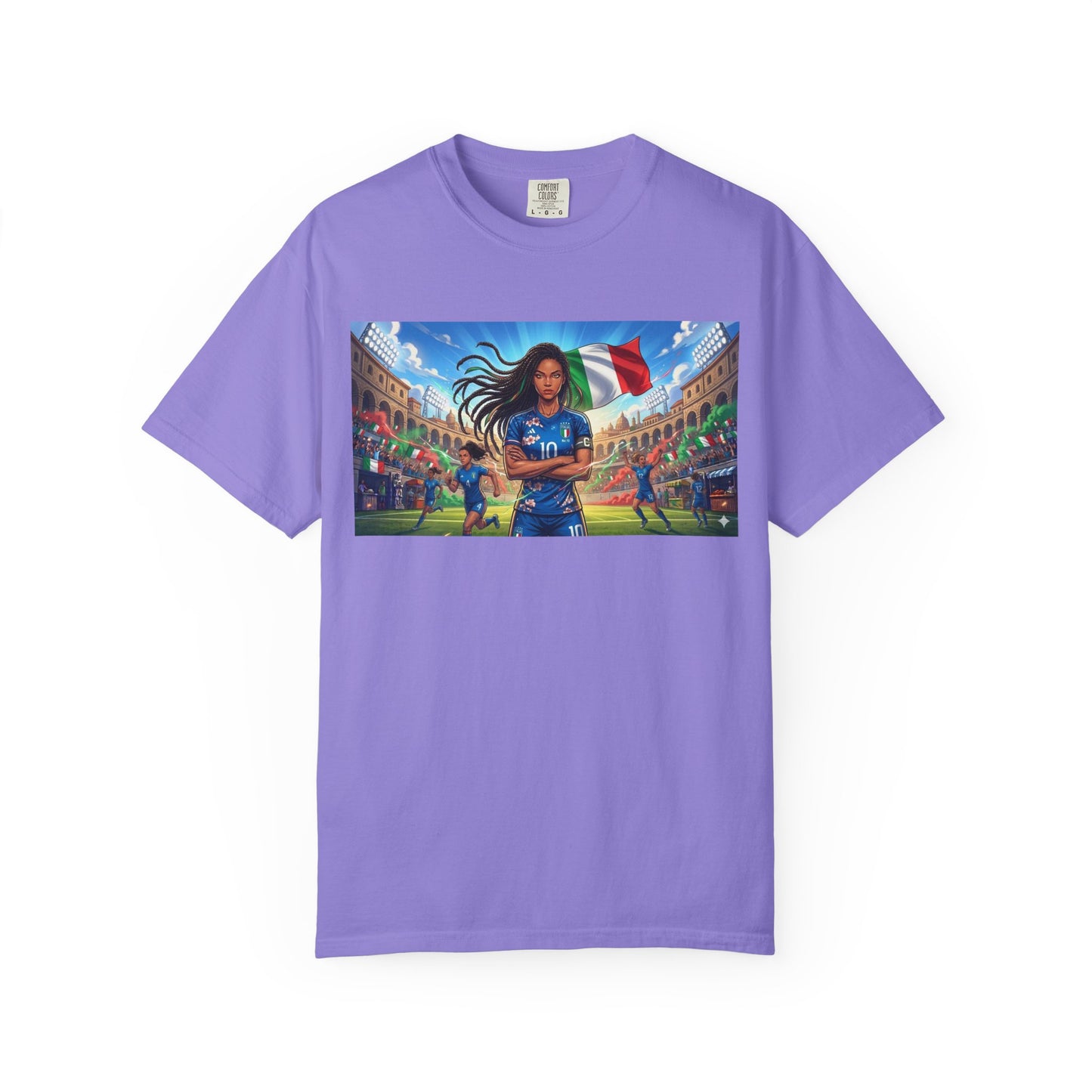 Italian Soccer Fan T‑Shirt – Inspirational Female Player with Italy Flag Stadium Print