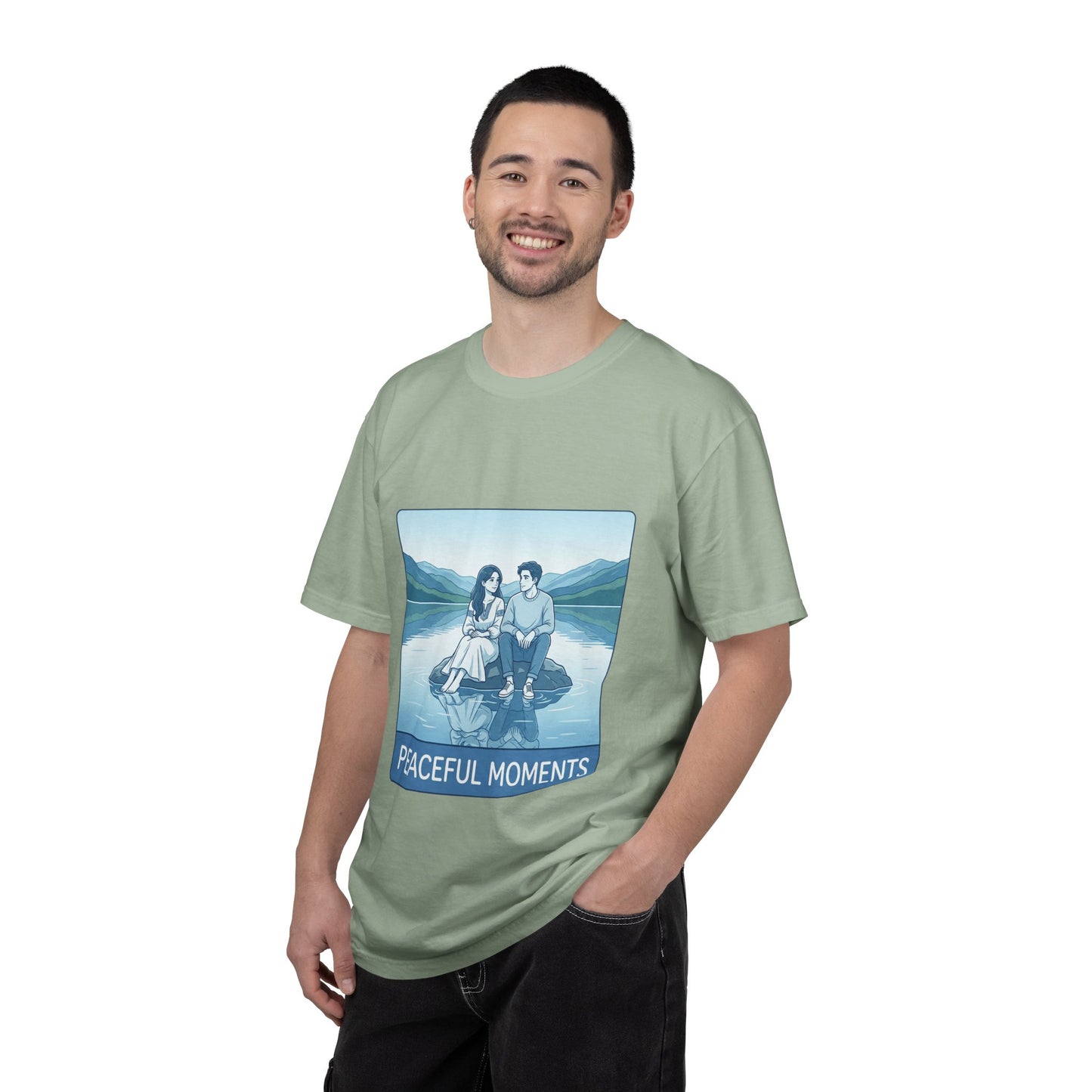 Peaceful Moments Tee — Couple Sitting by Lake Graphic T-Shirt