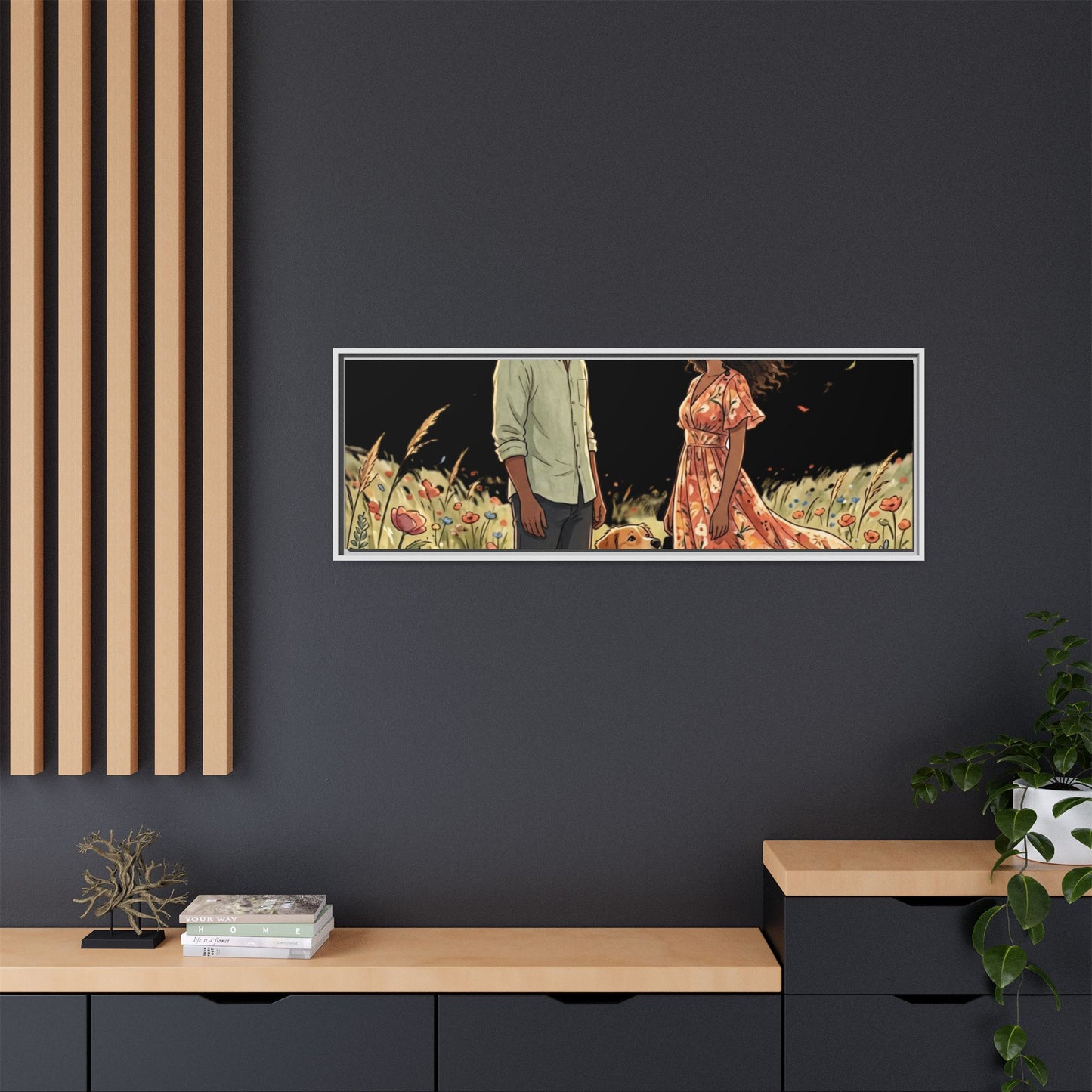 Framed Matte Canvas Print — Romantic Couple in Wildflower Field (Multi‑Color)
