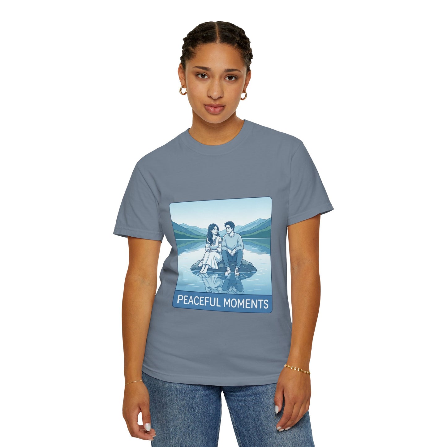 Peaceful Moments Tee — Couple Sitting by Lake Graphic T-Shirt