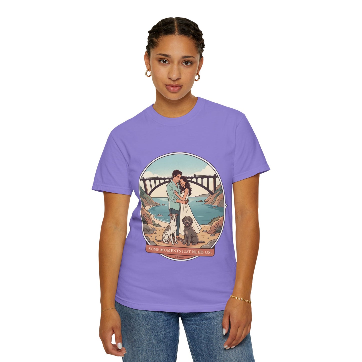 T-Shirt — Romantic Coastal Couples Tee “Some Moments Are Forever” with Dogs