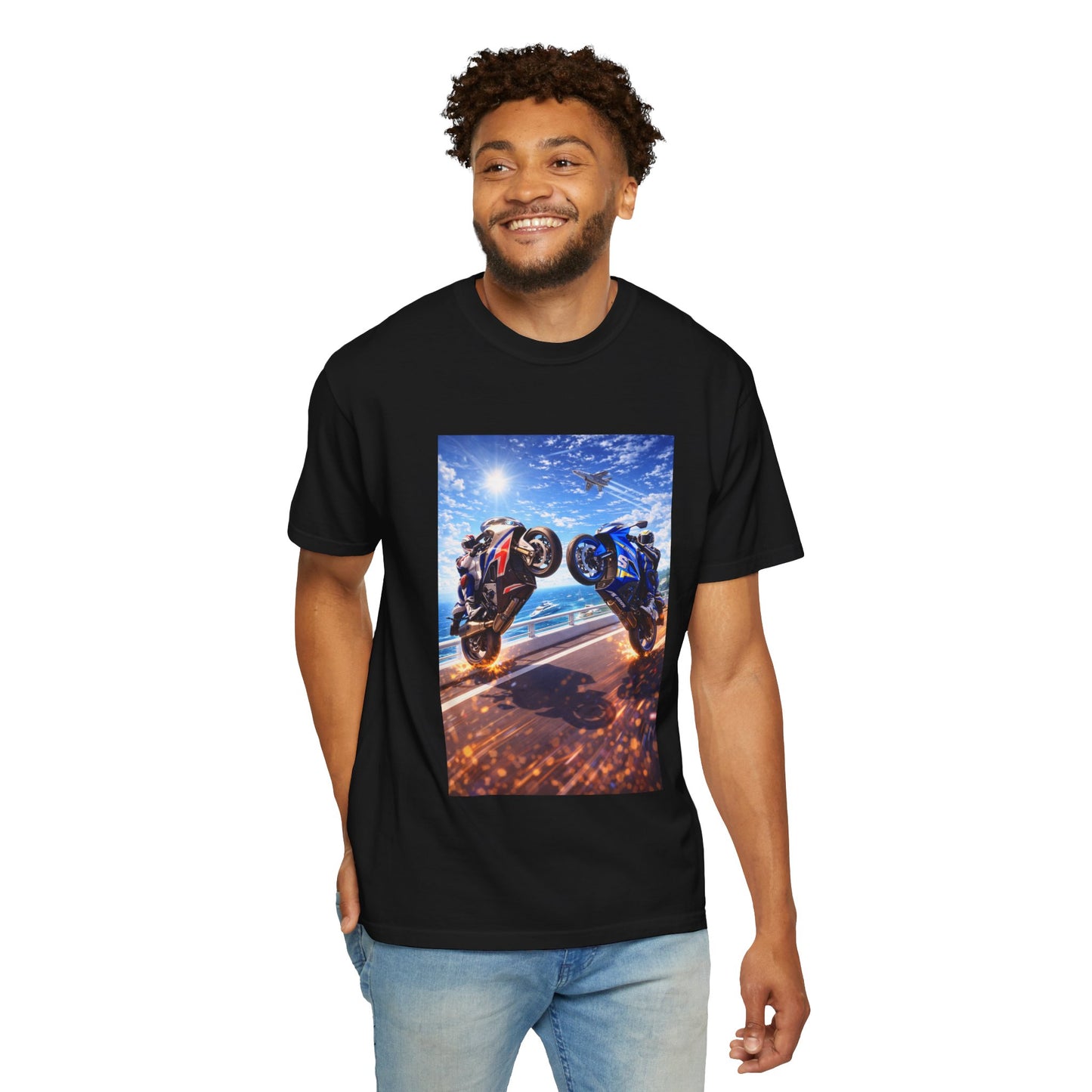 Stunt Riders Motorcycle T-Shirt — Two Bike Wheelie Racing Graphic Tee
