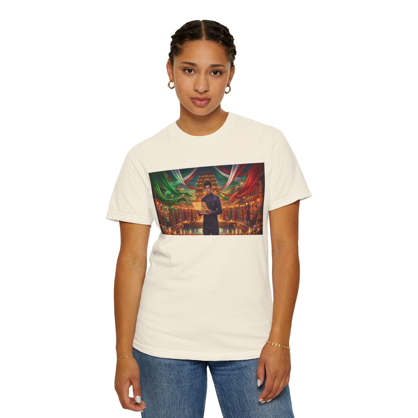 T-Shirt — Dragon Temple Night Scene Graphic Tee (Monk with Dragons)