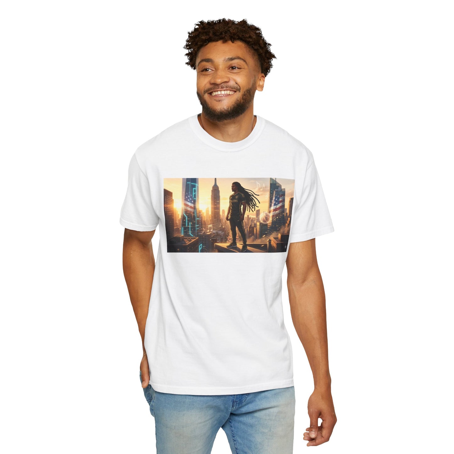 Cyberpunk Cityscape T-Shirt — Silhouette Hero at Sunset