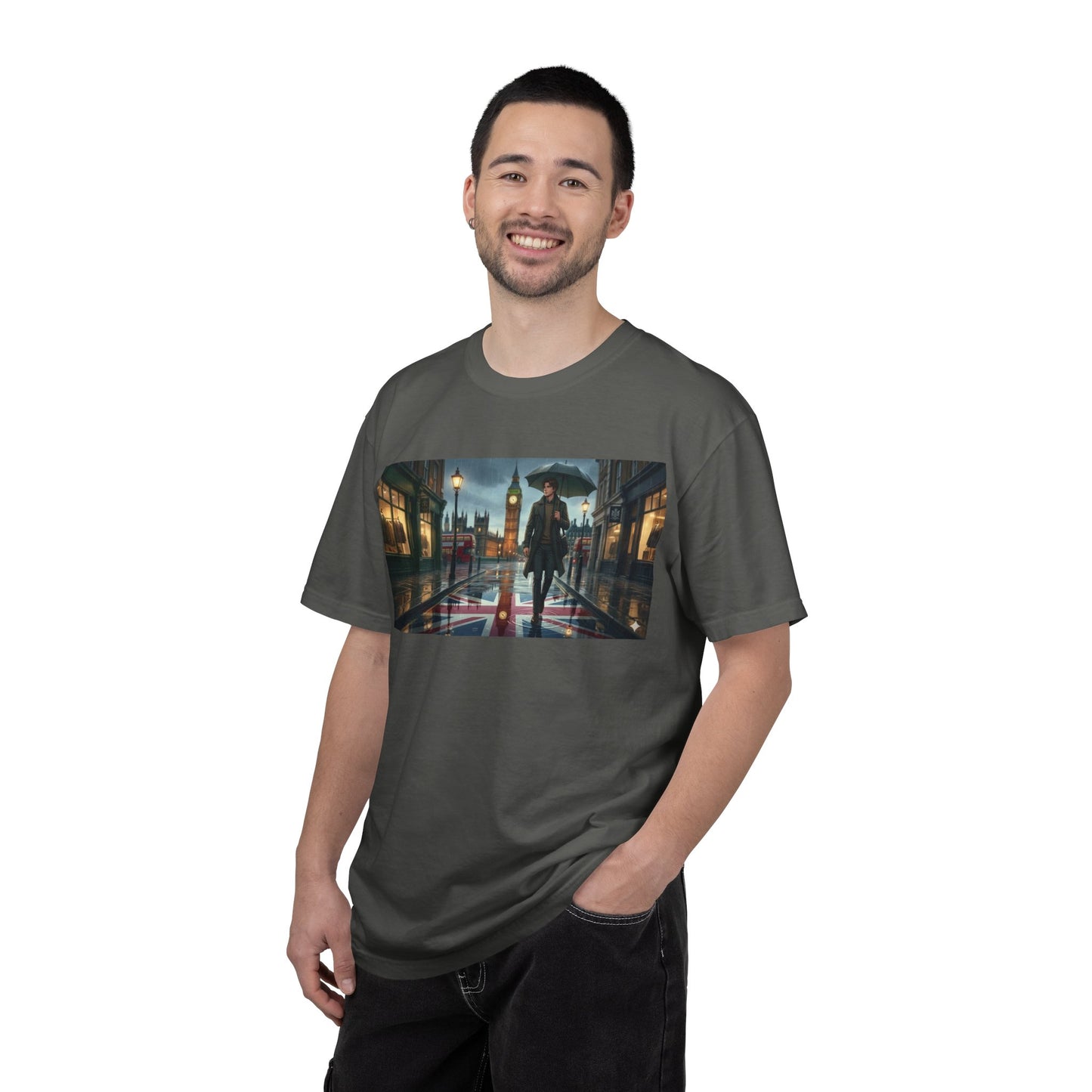 T-Shirt — Rainy London Street Scene Graphic Tee (Big Ben, Umbrella, Night Cityscape)