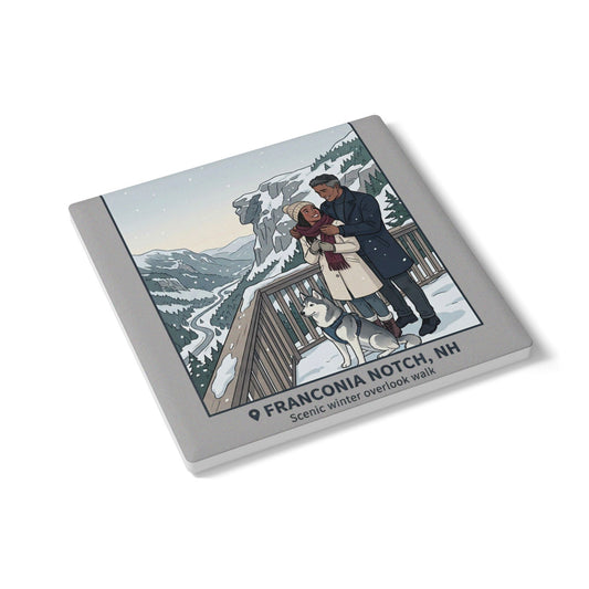 Franconia Notch Winter Scenic Ceramic Coaster — Couple with Husky Snowview