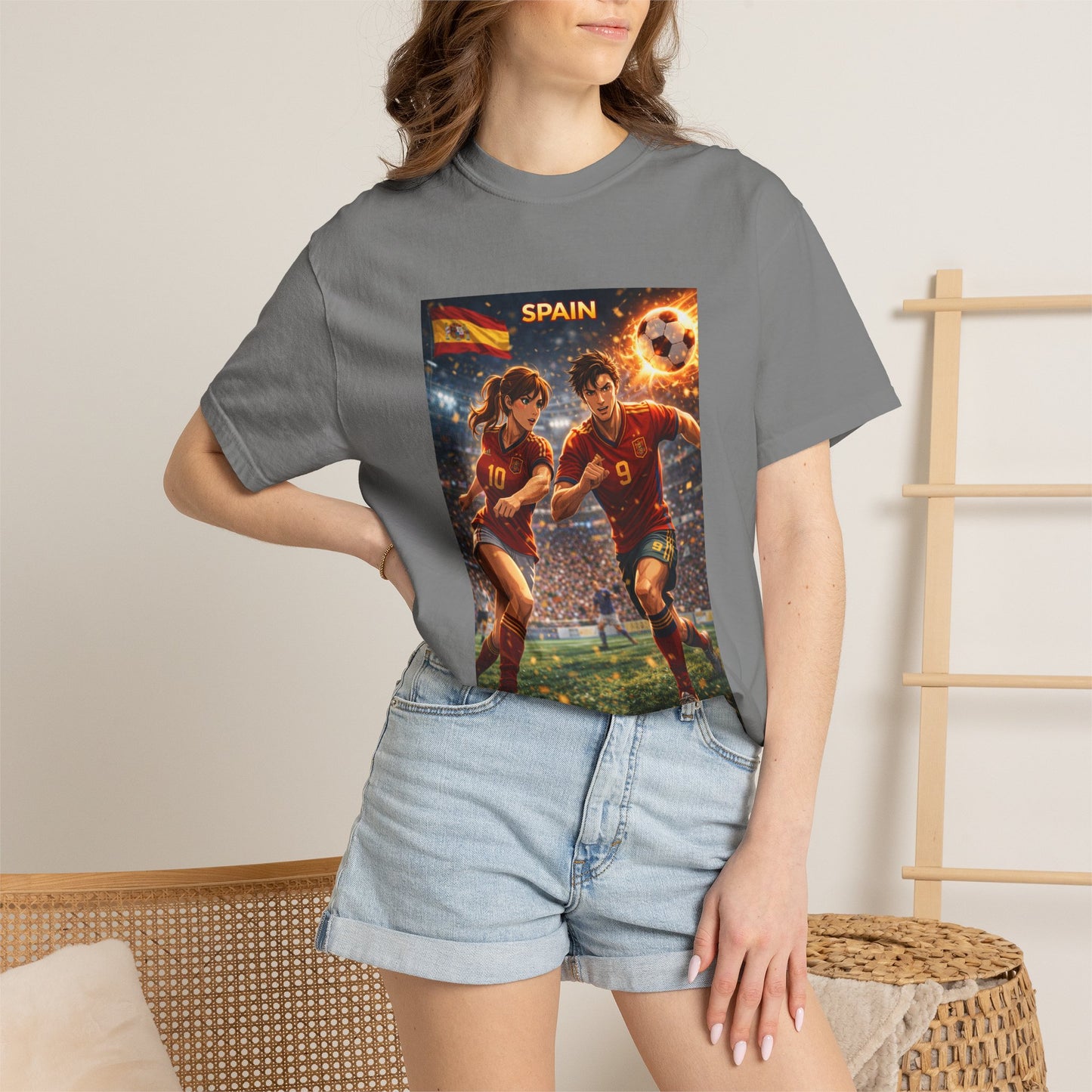 Spain Soccer Graphic T-Shirt — Retro Match Scene with Flag