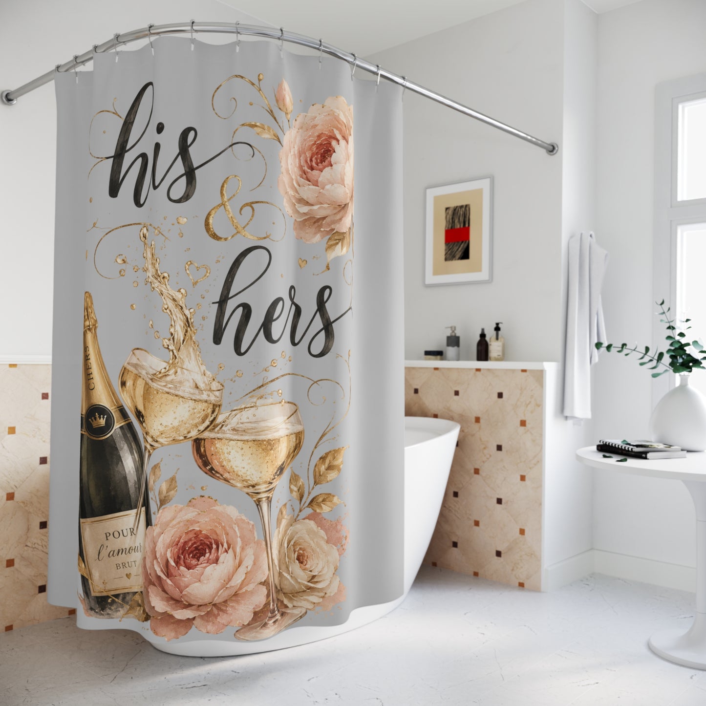 Blossoms & Bubbles Shower Curtain – Floral Champagne Couples Bathroom Decor