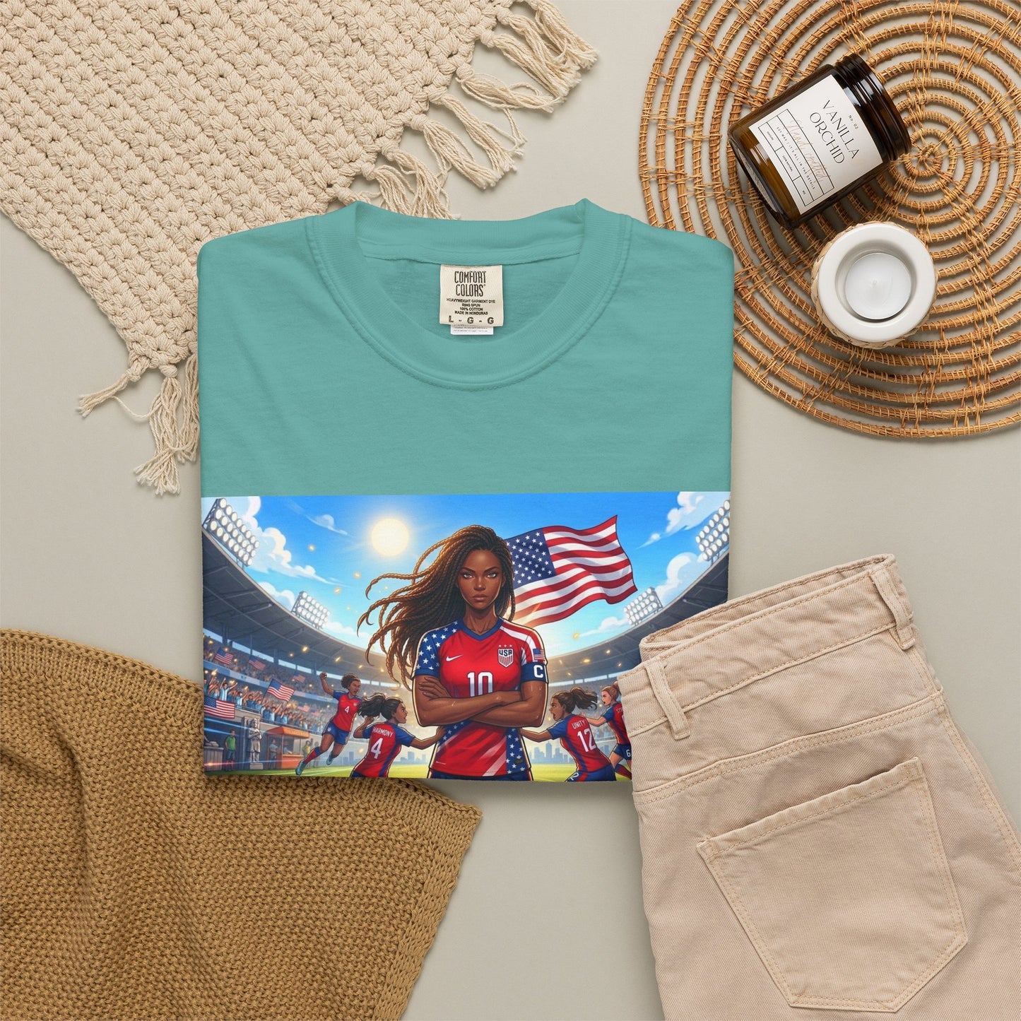 Soccer Mom USA T-Shirt — Female Soccer Player with American Flag Stadium Graphic