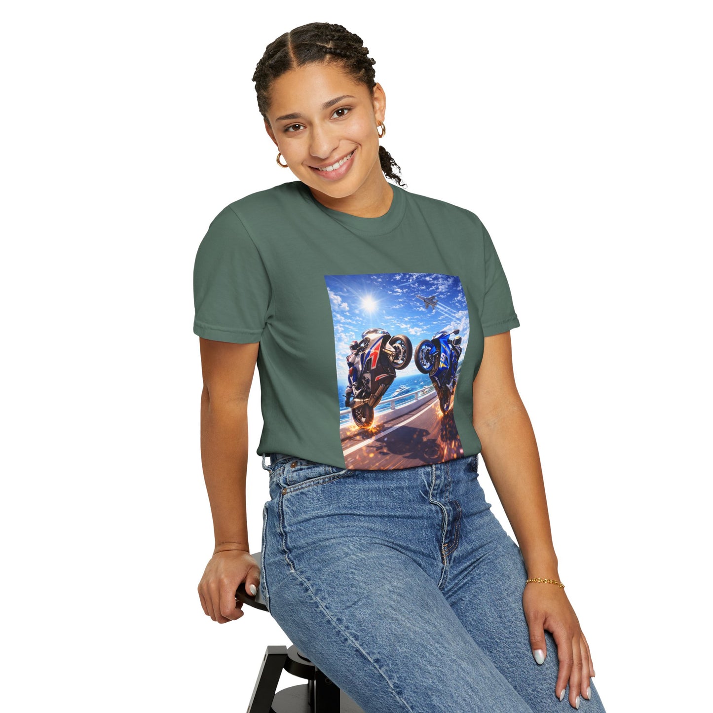 Stunt Riders Motorcycle T-Shirt — Two Bike Wheelie Racing Graphic Tee