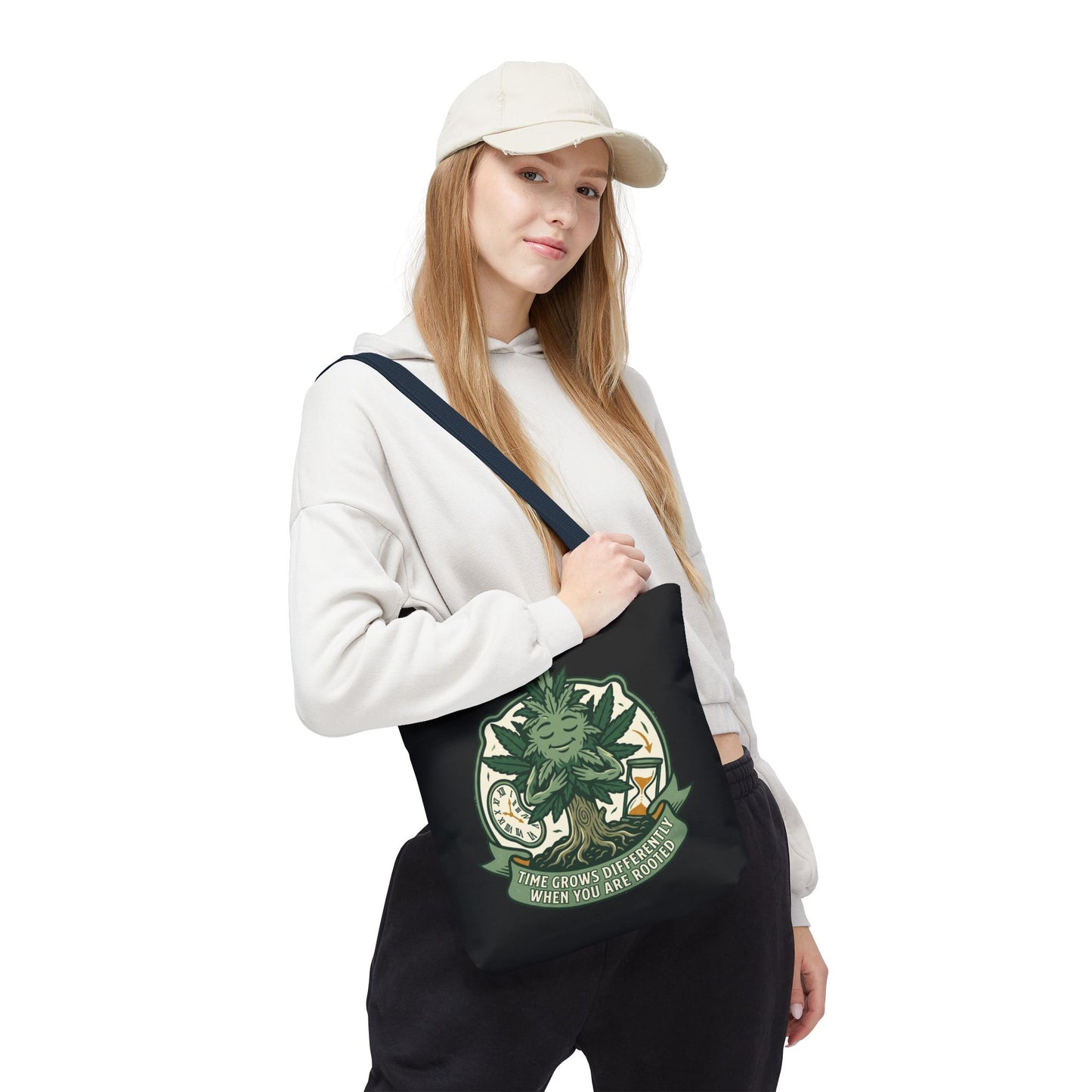 Rooted Tree Spirit Tote Bag — “Time Grows Different When You Are Rooted” Eco Tote