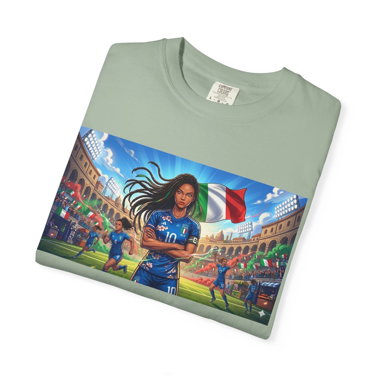 Italian Soccer Fan T‑Shirt – Inspirational Female Player with Italy Flag Stadium Print