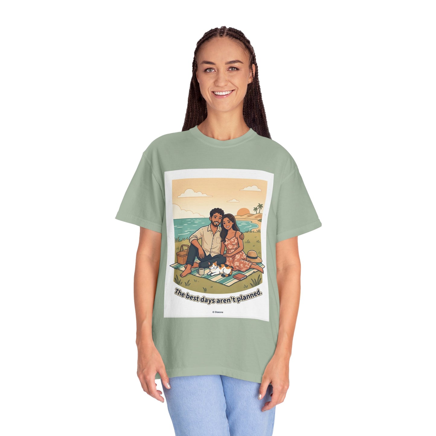 Beach Picnic Couple T‑Shirt — “The best days aren’t planned.” Relaxed Vacation Tee