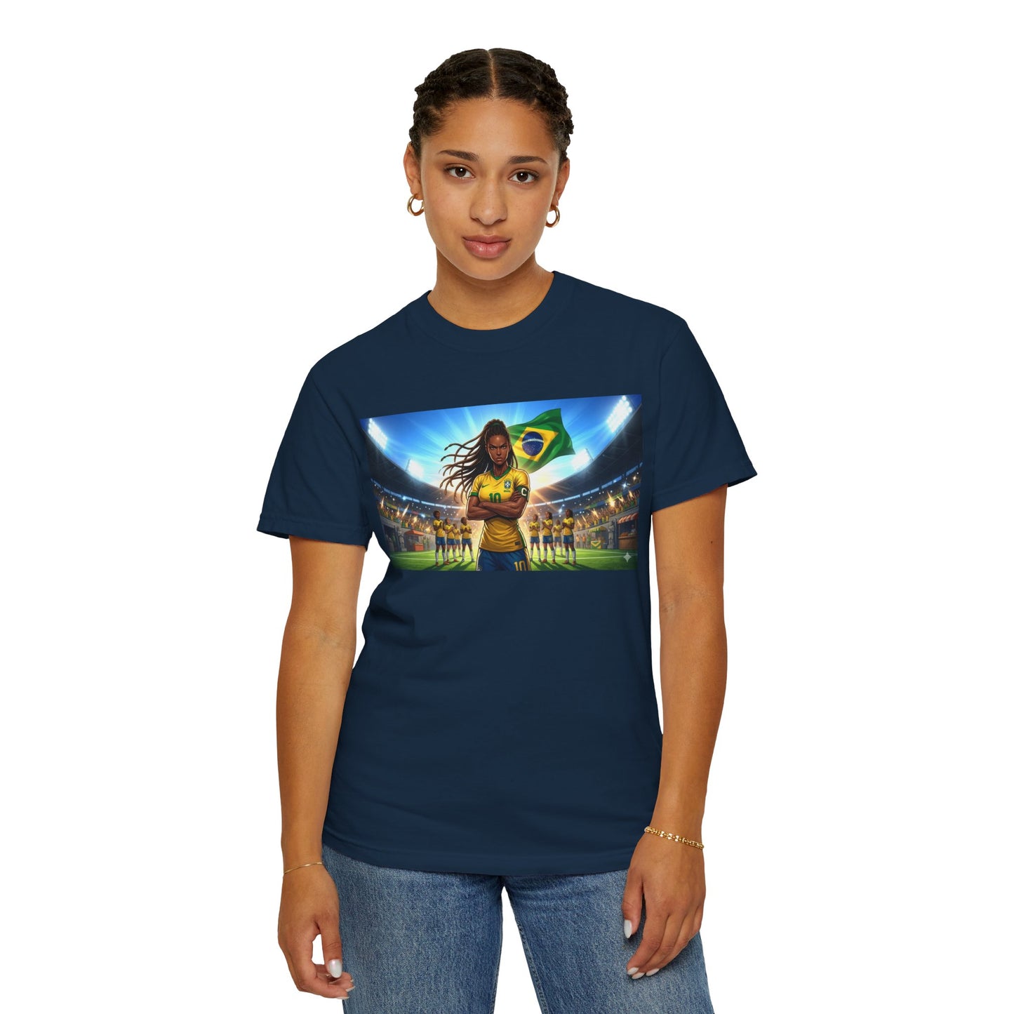 Brazil Soccer Captain T-Shirt — Player Holding Ball with Brazilian Flag Stadium Graphic