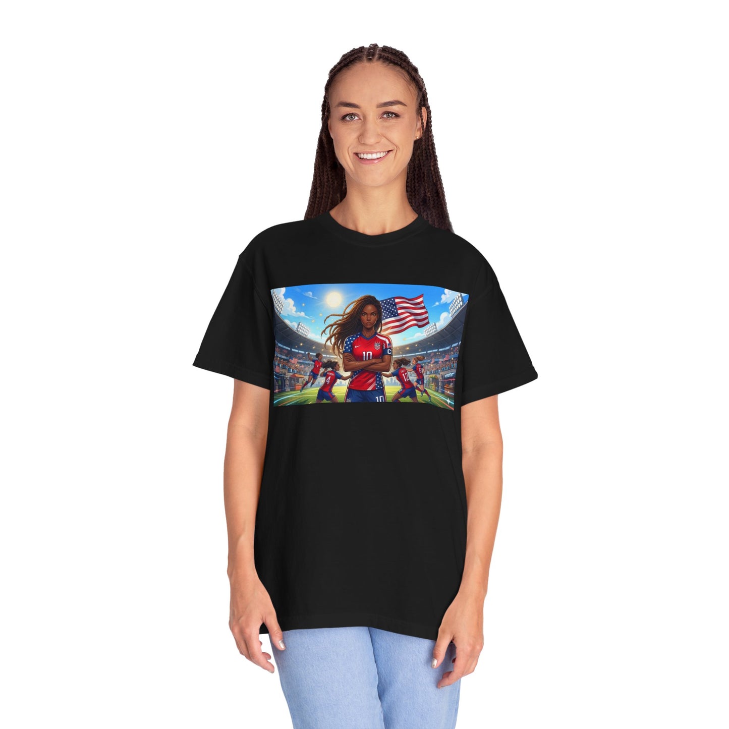 Soccer Mom USA T-Shirt — Female Soccer Player with American Flag Stadium Graphic