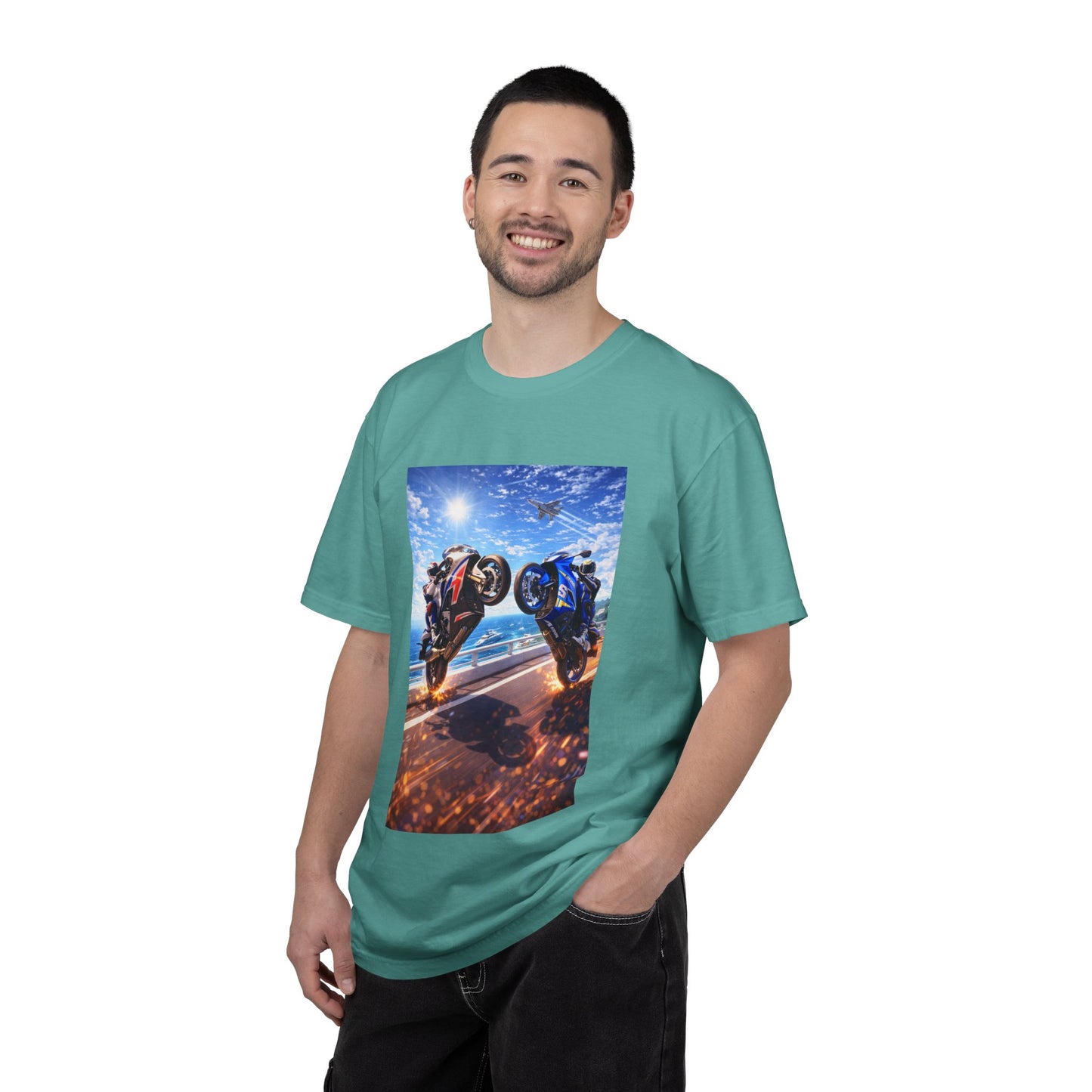 Stunt Riders Motorcycle T-Shirt — Two Bike Wheelie Racing Graphic Tee