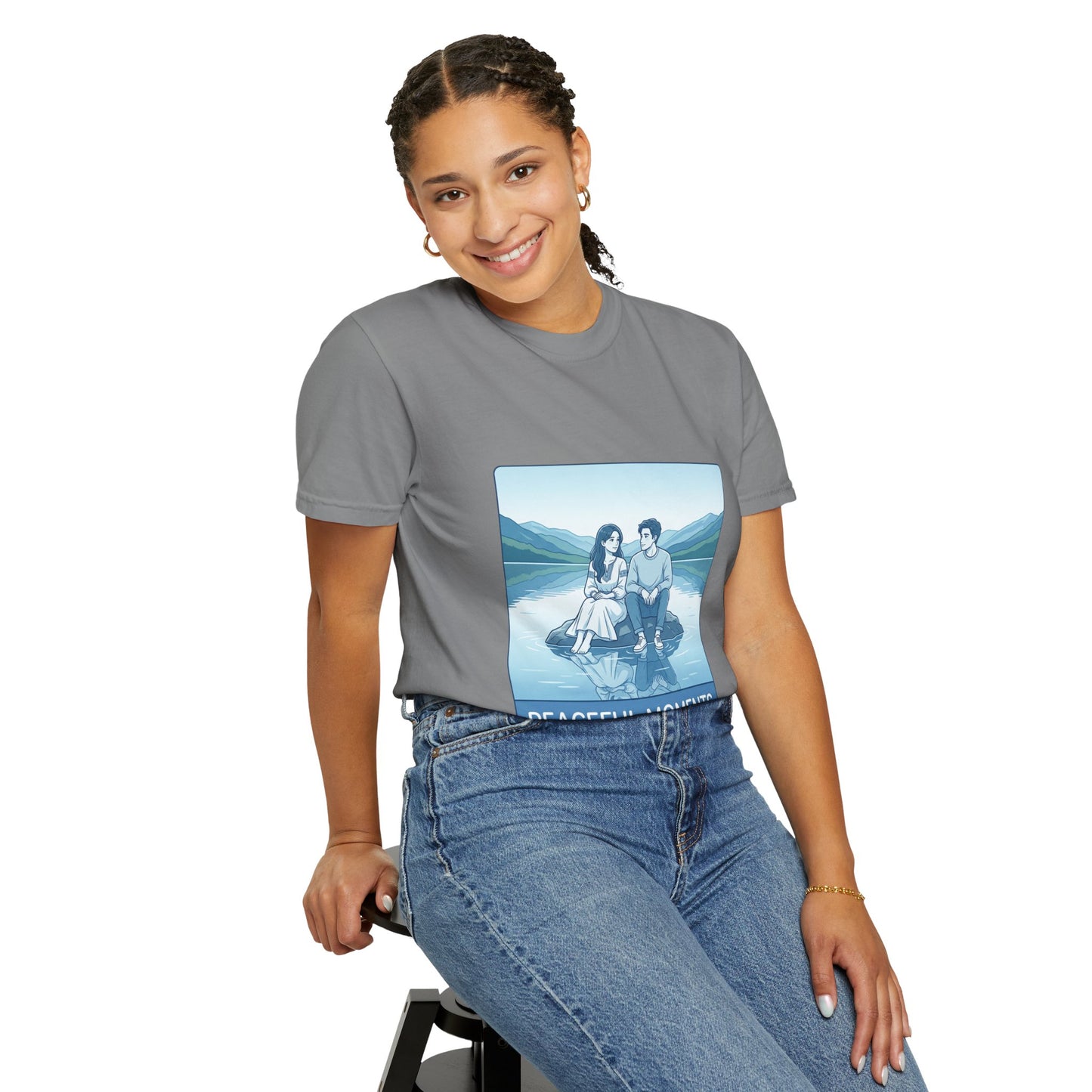 Peaceful Moments Tee — Couple Sitting by Lake Graphic T-Shirt