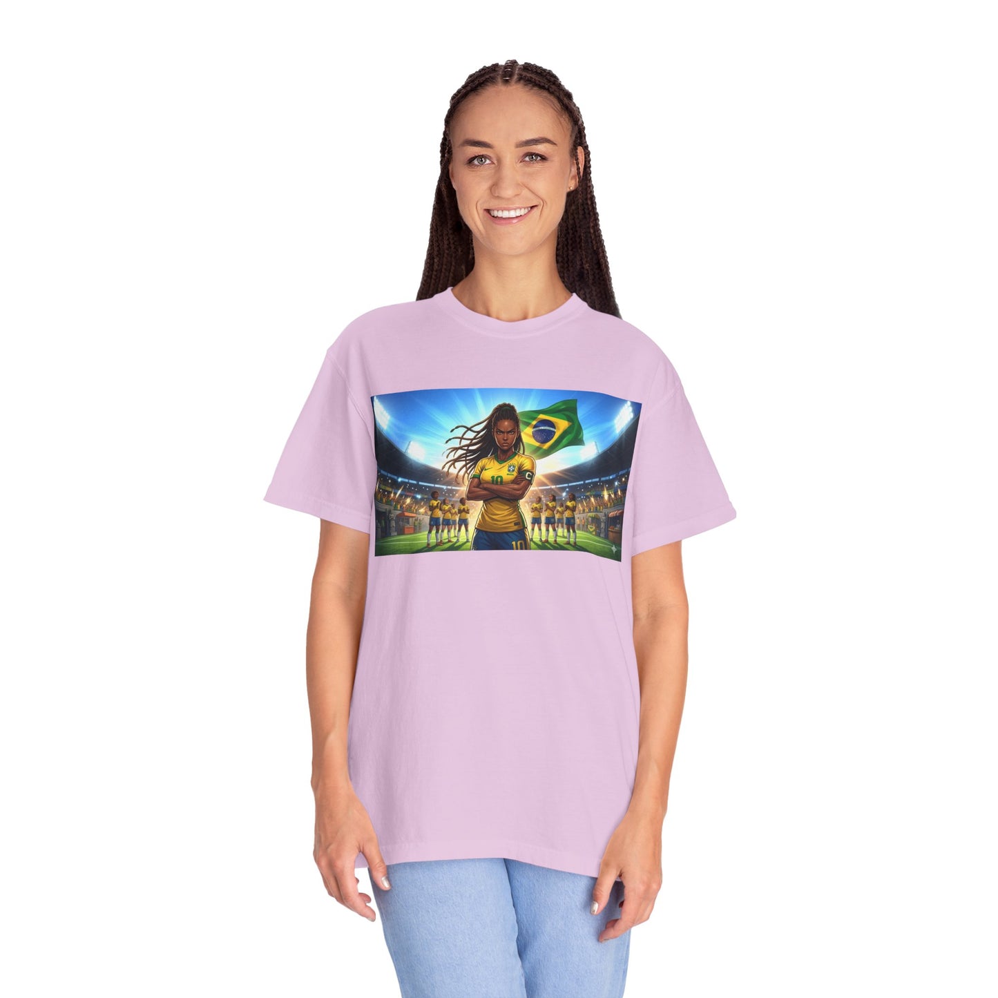 Brazil Soccer Captain T-Shirt — Player Holding Ball with Brazilian Flag Stadium Graphic