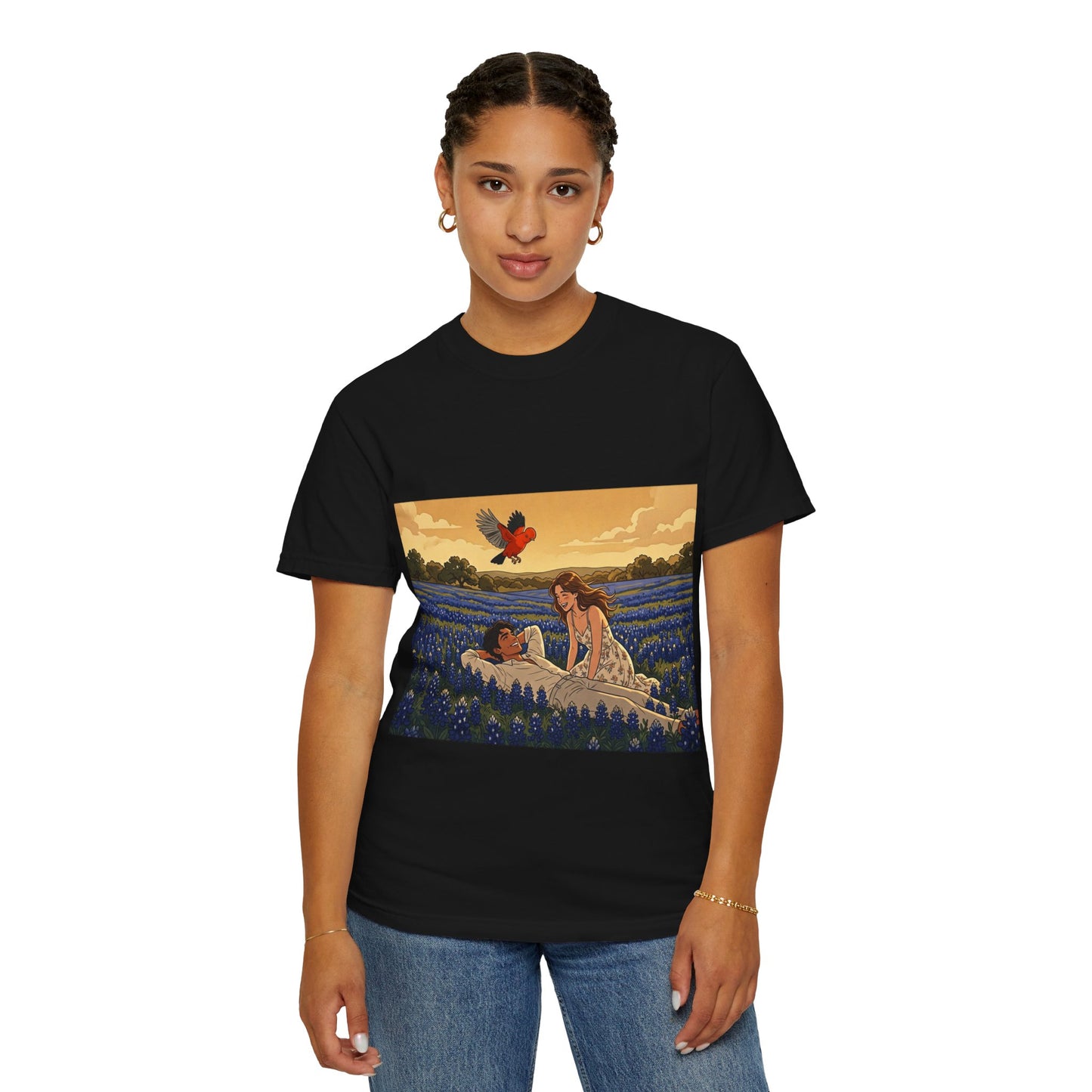Romantic Bluebonnet Field T-Shirt — Couple in Wildflower Meadow Art Tee