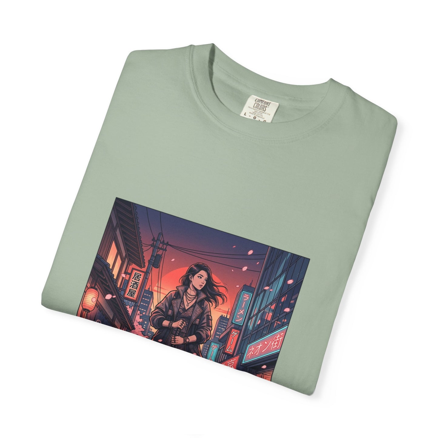 Cyberpunk Night Streets T‑Shirt — Neon Samurai Girl Graphic Tee