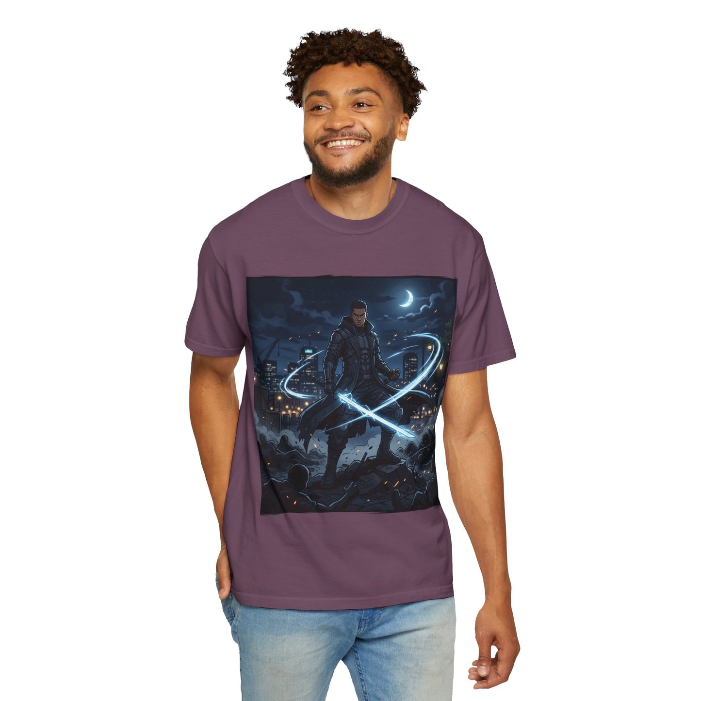 Urban Night Warrior T-Shirt — Neon Samurai Cityscape
