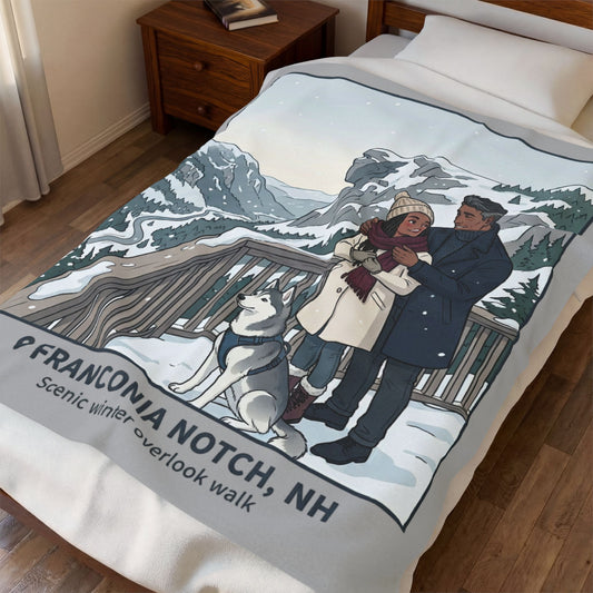 Velveteen Blanket — Franconia Notch NH Winter Scenic Throw with Couple & Husky
