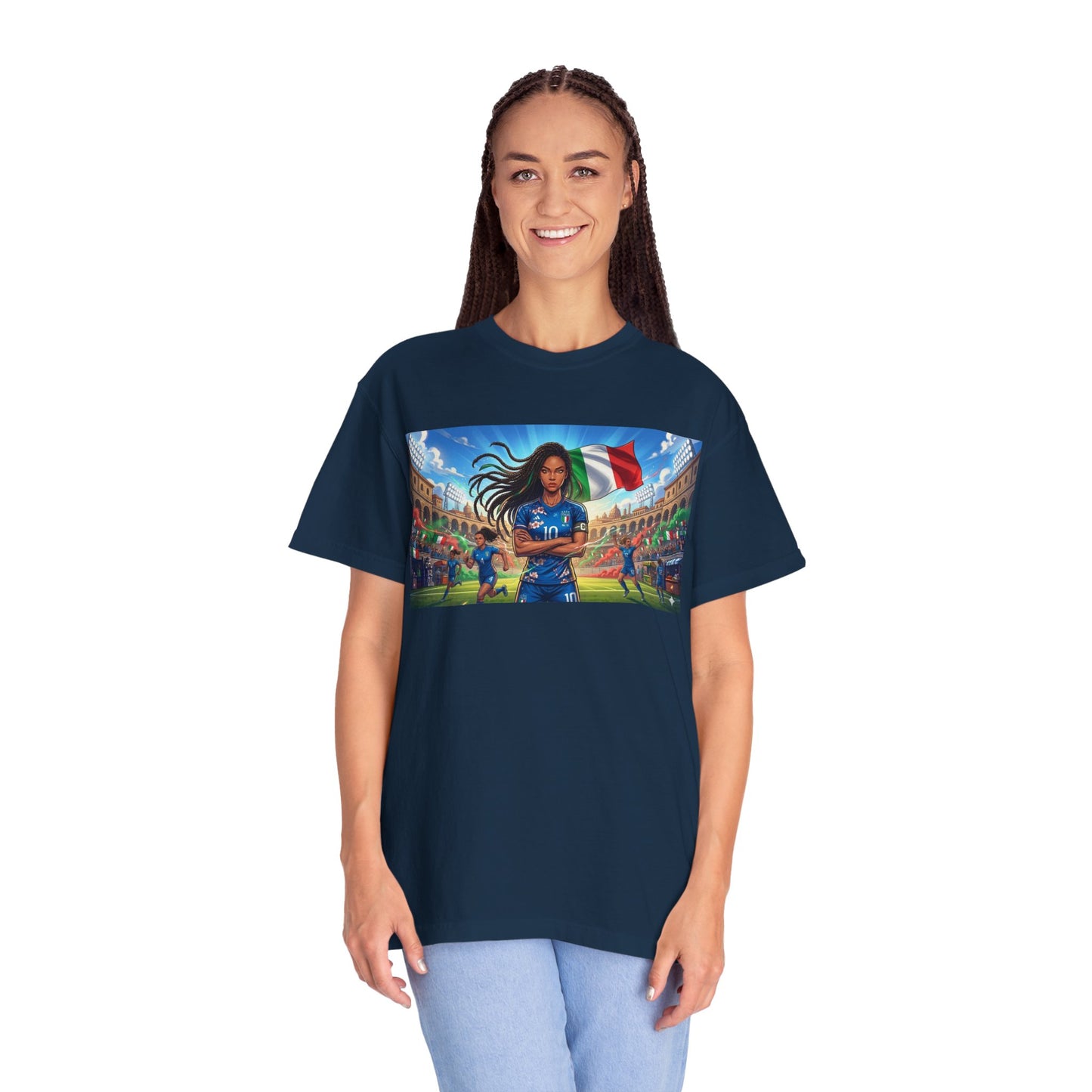 Italian Soccer Fan T‑Shirt – Inspirational Female Player with Italy Flag Stadium Print