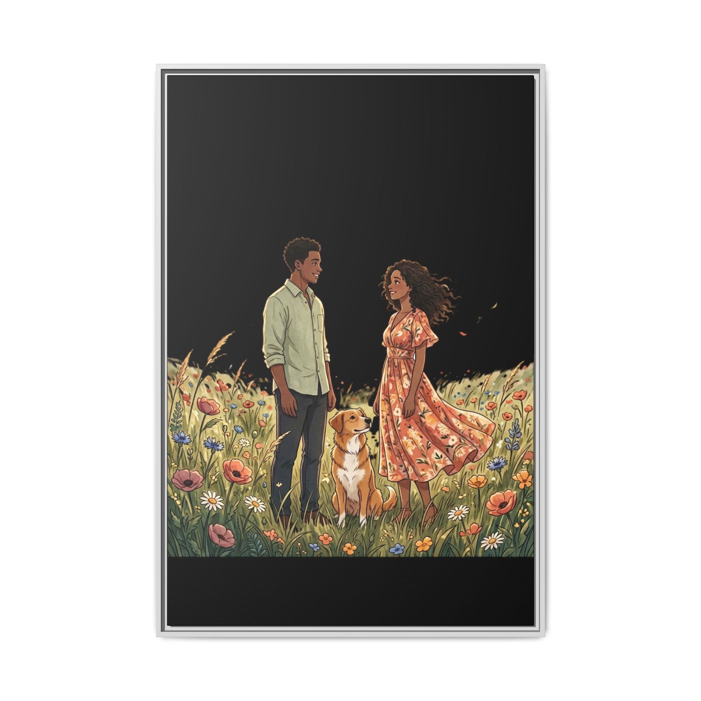 Framed Matte Canvas Print — Romantic Couple in Wildflower Field (Multi‑Color)
