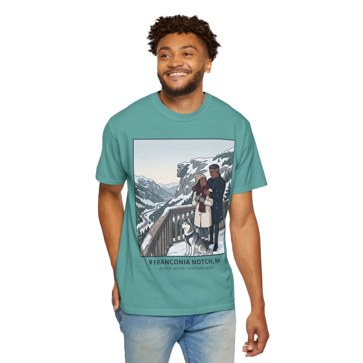 Franconia Notch NH Winter View T-Shirt — Scenic Couple & Husky Travel Tee