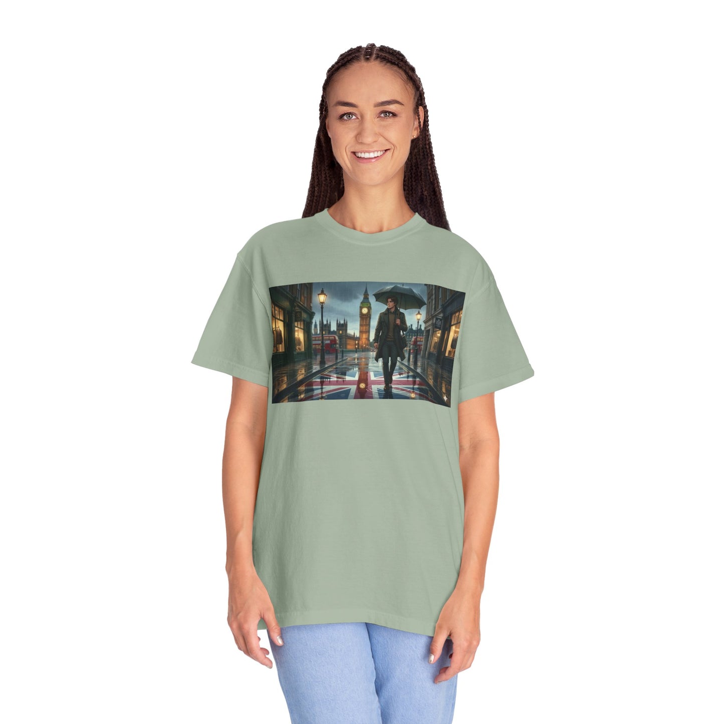 T-Shirt — Rainy London Street Scene Graphic Tee (Big Ben, Umbrella, Night Cityscape)