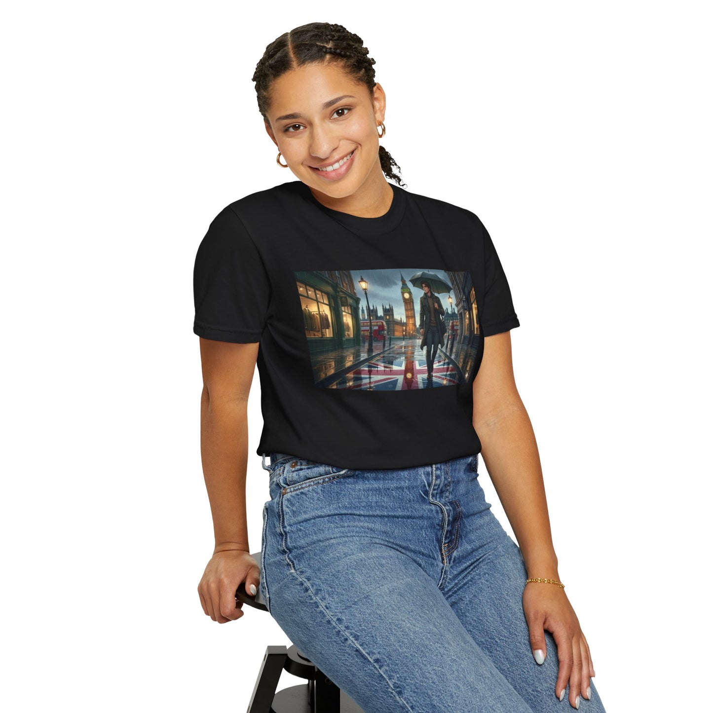 T-Shirt — Rainy London Street Scene Graphic Tee (Big Ben, Umbrella, Night Cityscape)