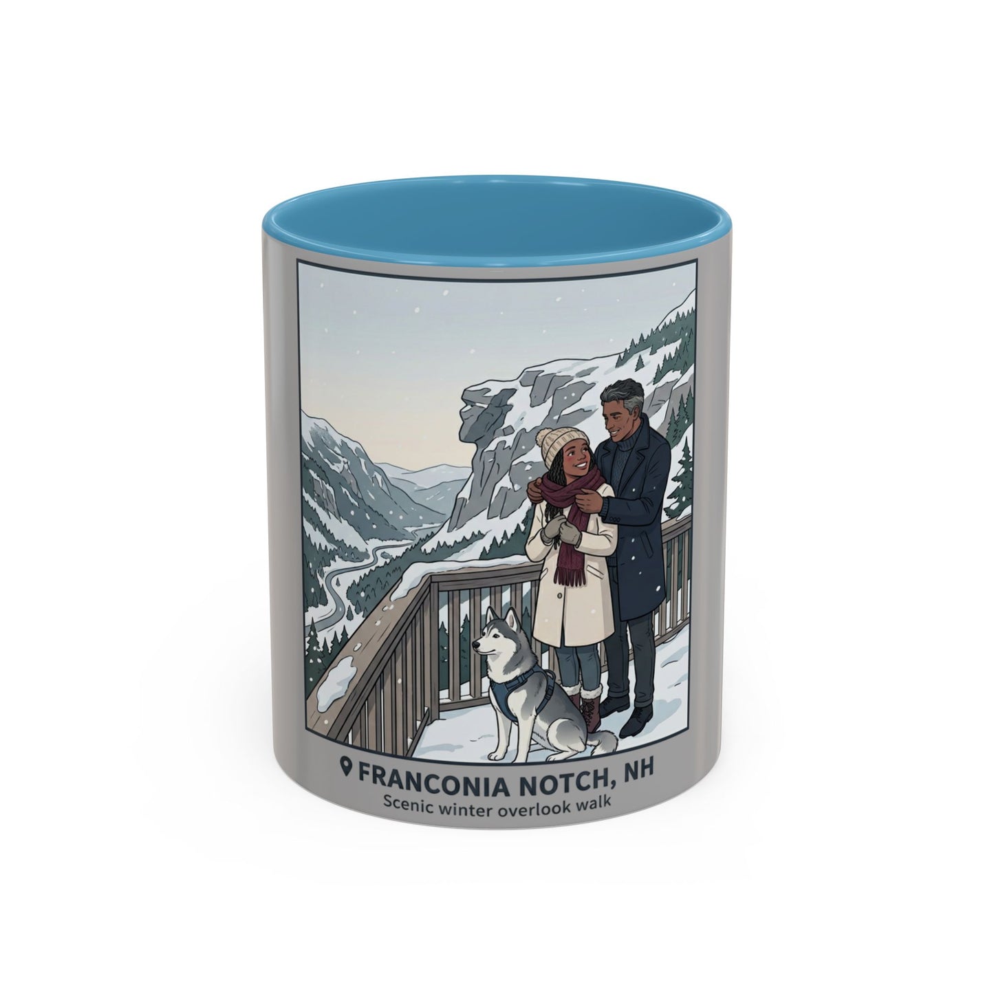 Franconia Notch Scenic Winter Mug — Couples & Dog Snowy Overlook Coffee Cup (11/15oz)