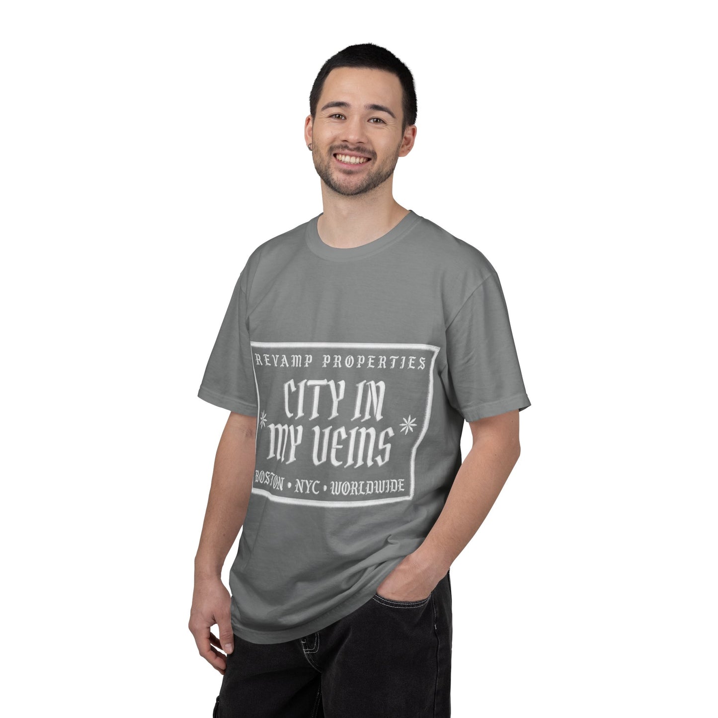 City In My Veins T‑Shirt — Vintage Cityscape Tee (Boston • NYC • Manchester)