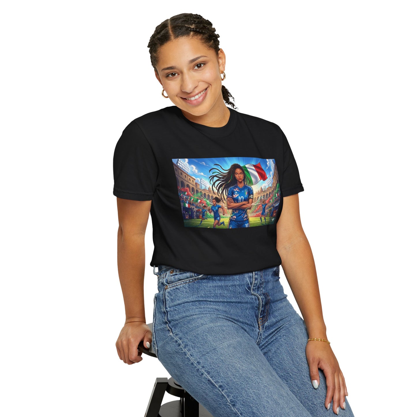 Italian Soccer Fan T‑Shirt – Inspirational Female Player with Italy Flag Stadium Print
