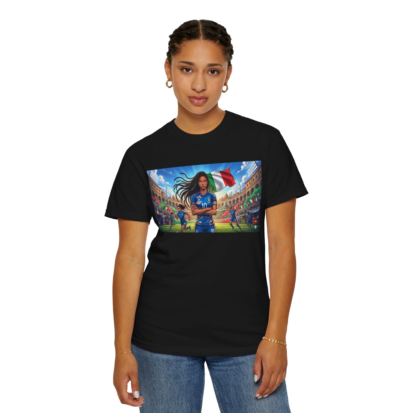 Italian Soccer Fan T‑Shirt – Inspirational Female Player with Italy Flag Stadium Print