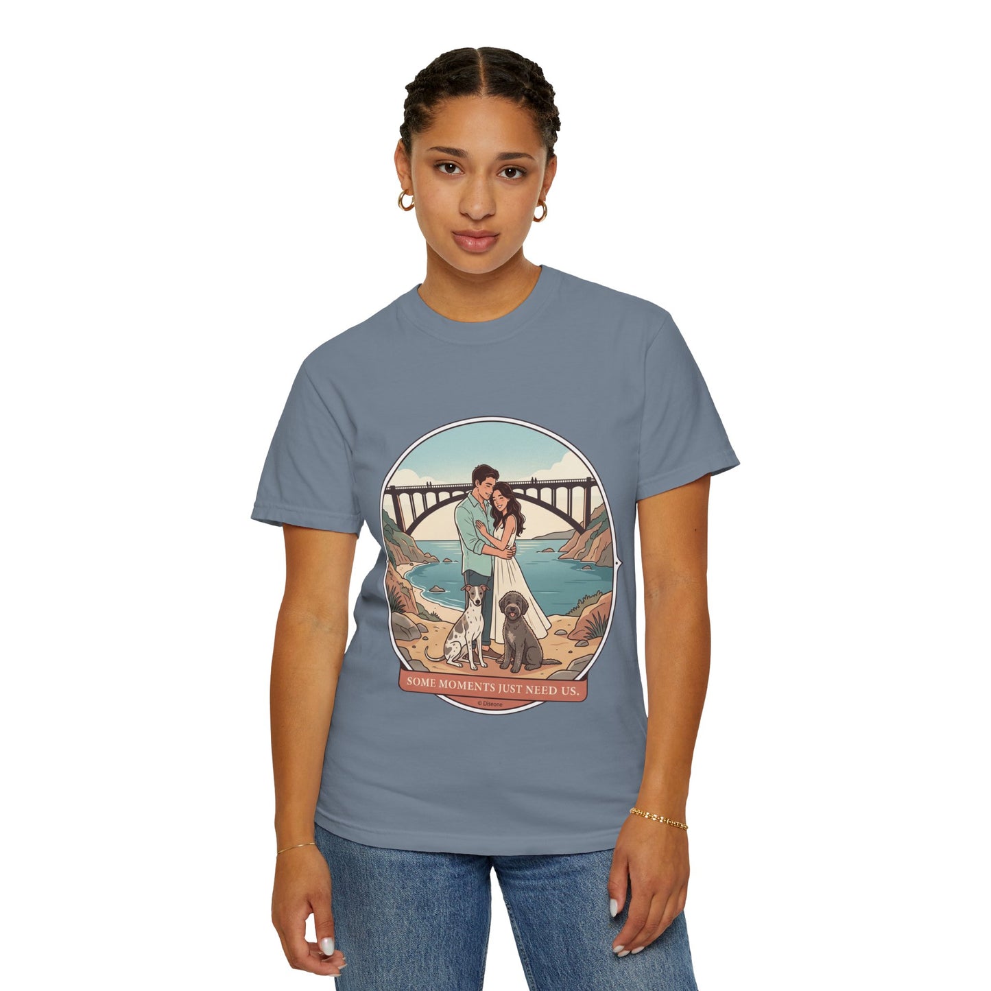 T-Shirt — Romantic Coastal Couples Tee “Some Moments Are Forever” with Dogs