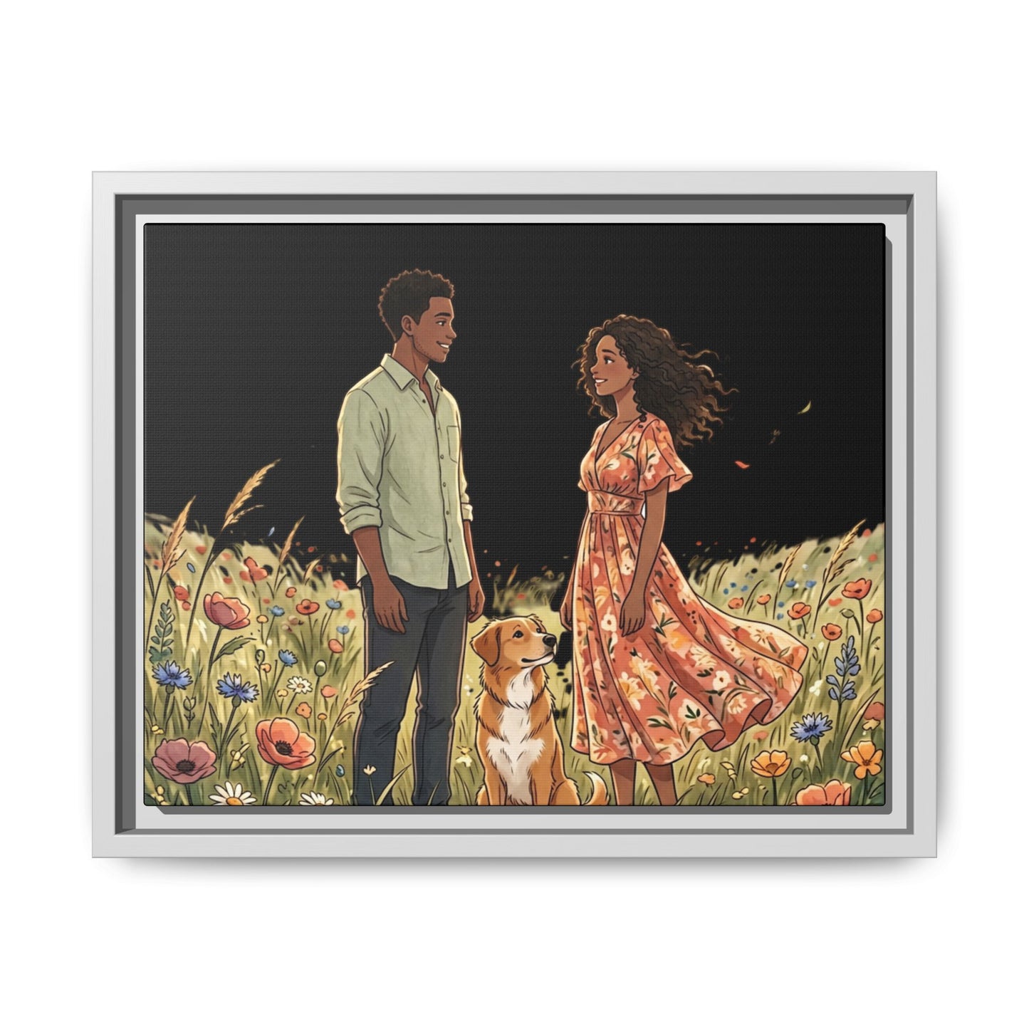 Framed Matte Canvas Print — Romantic Couple in Wildflower Field (Multi‑Color)