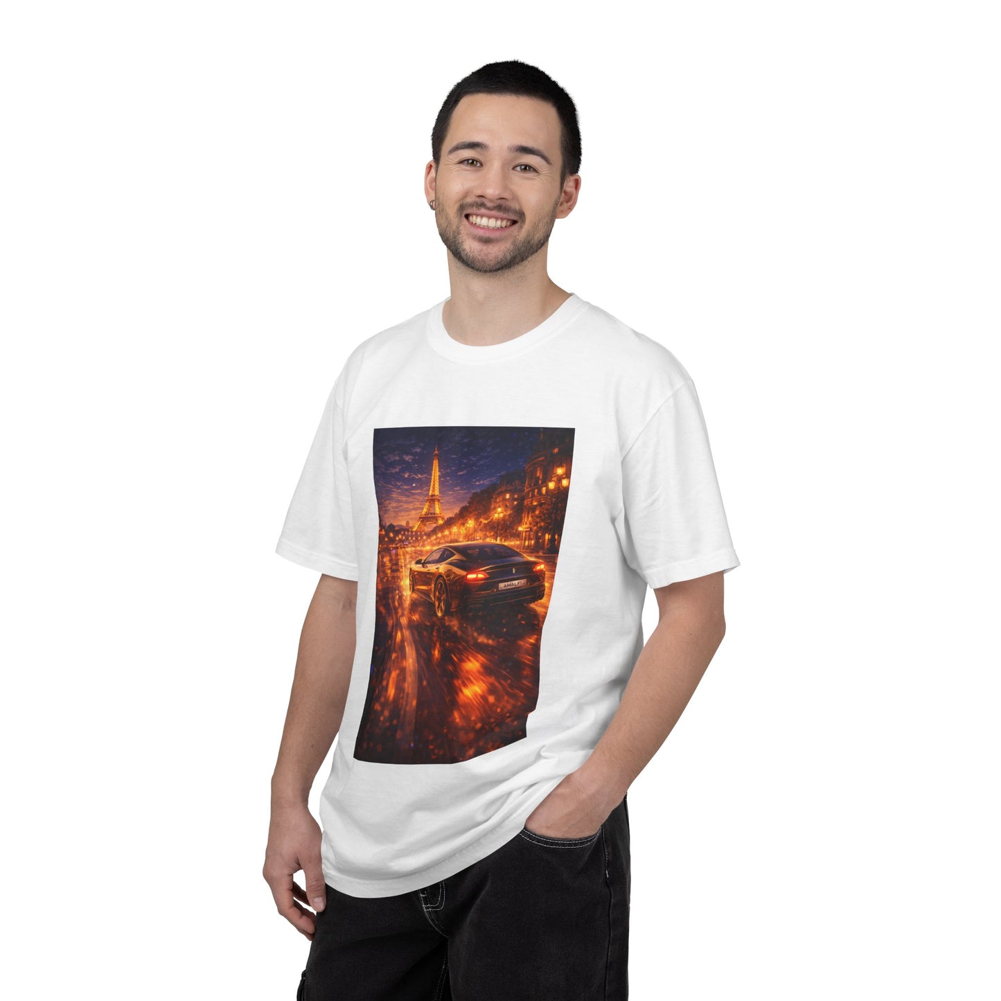 Paris Night Drive T-Shirt — Sports Car in Rainy Cityscape