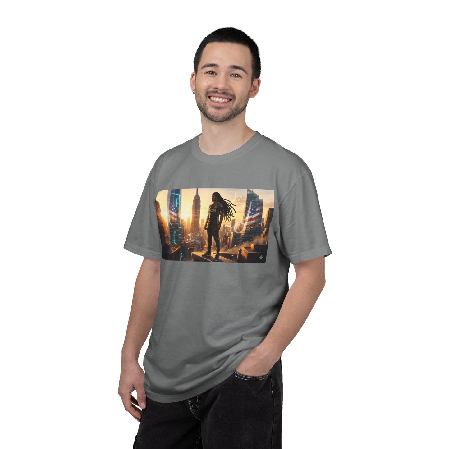 Cyberpunk Cityscape T-Shirt — Silhouette Hero at Sunset