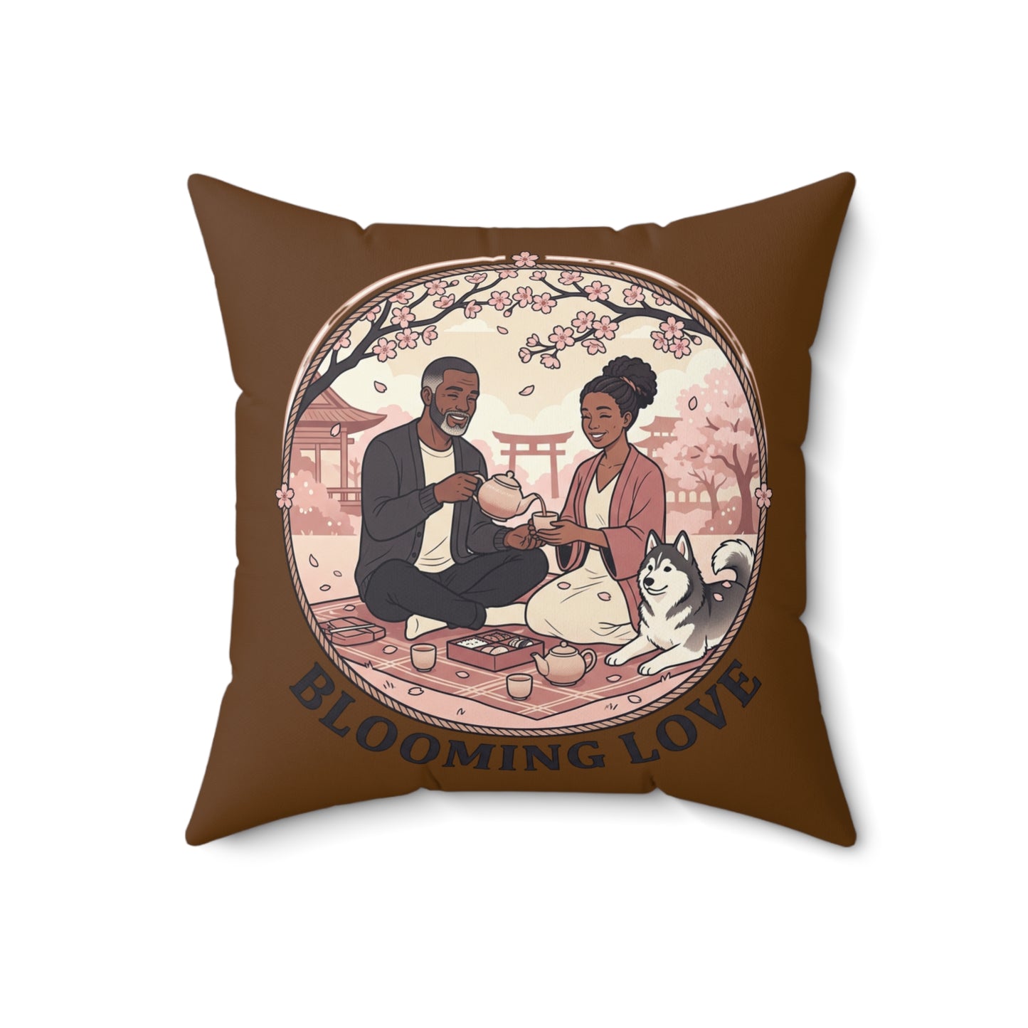 Blooming Love Throw Pillow — Romantic Cherry Blossom Picnic Decorative Pillow