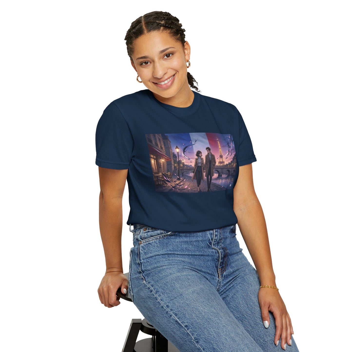 Couple Walking, Eiffel Tower - T-Shirt — Romantic Paris Nightscape Graphic Tee