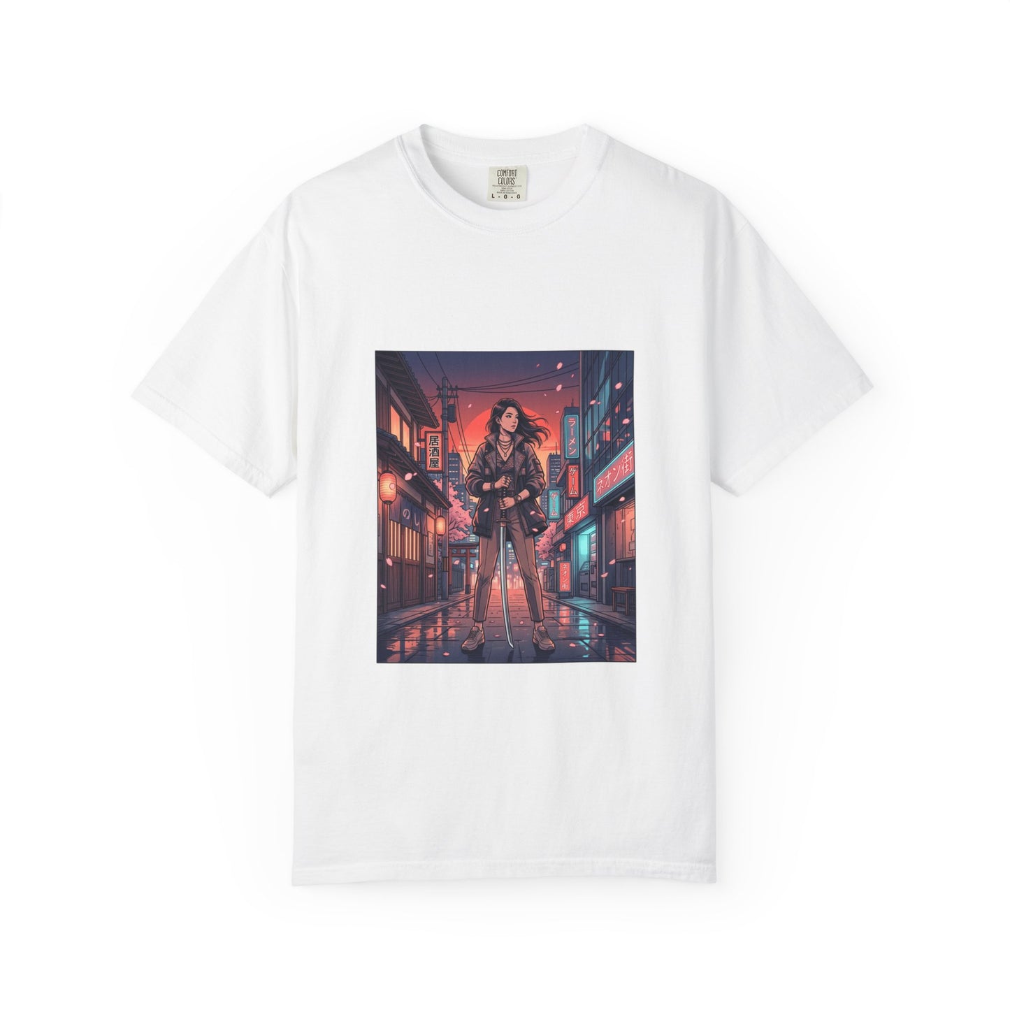 Cyberpunk Night Streets T‑Shirt — Neon Samurai Girl Graphic Tee