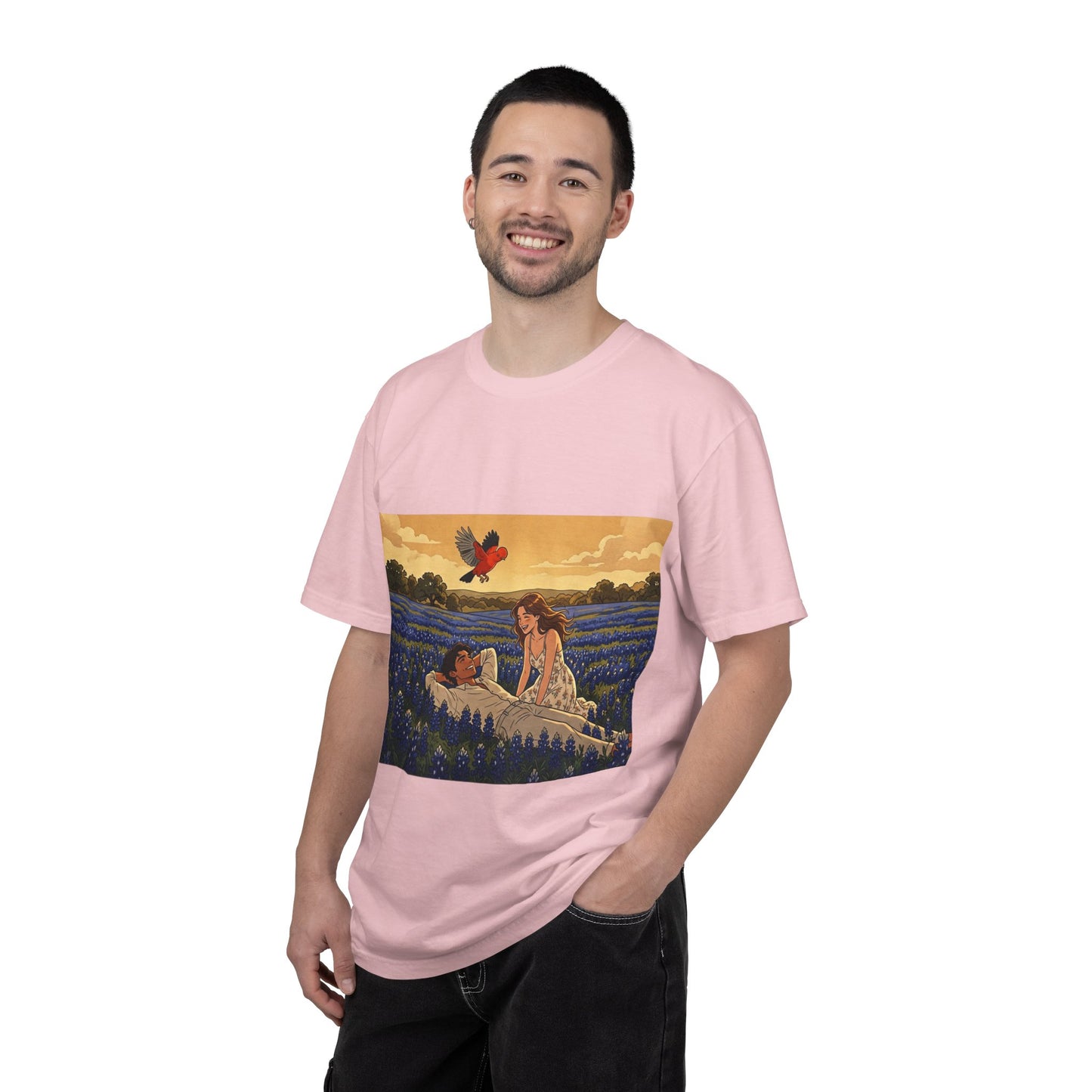 Romantic Bluebonnet Field T-Shirt — Couple in Wildflower Meadow Art Tee